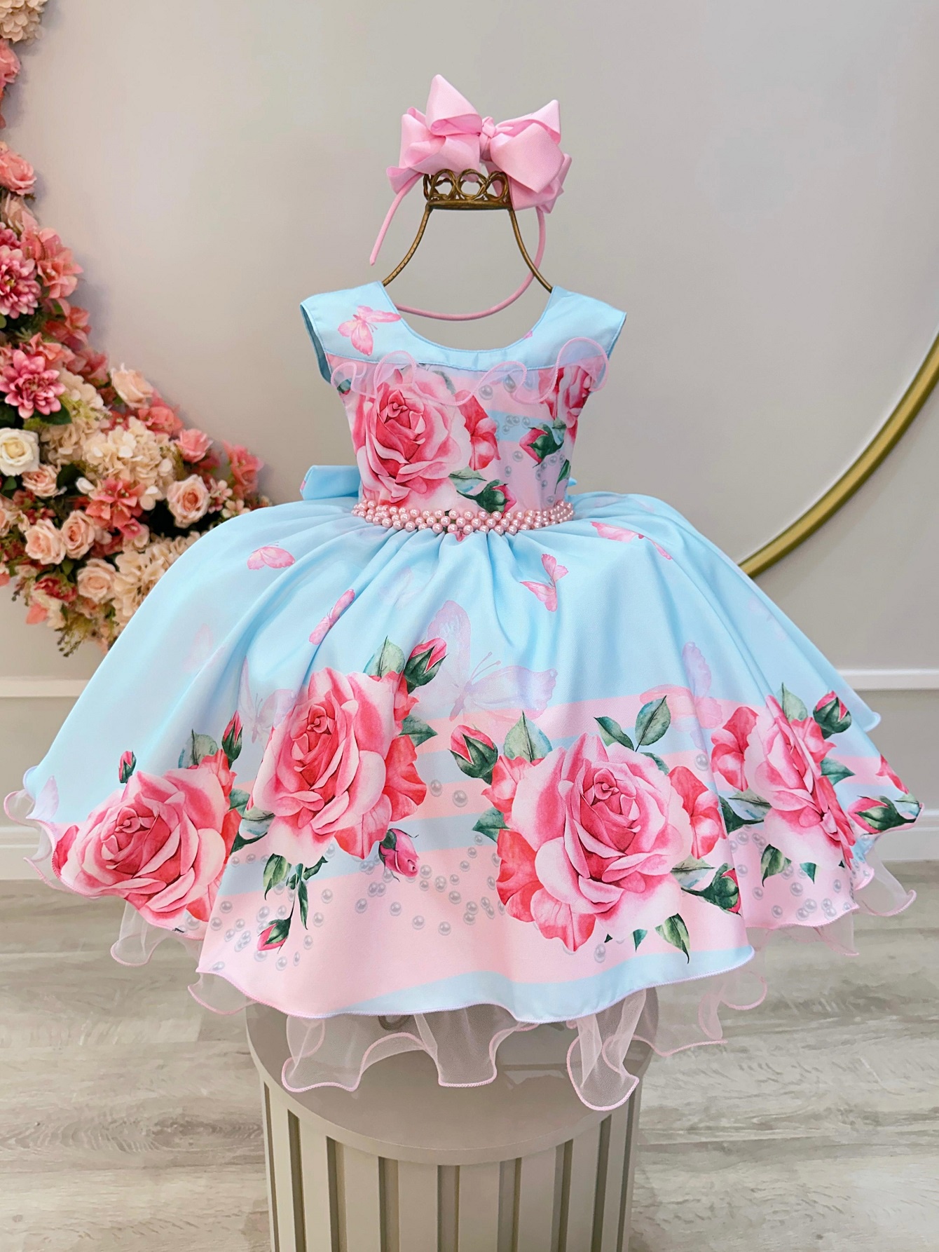 Vestido Infantil Azul Claro Jardim das Borboletas C/ Pérolas