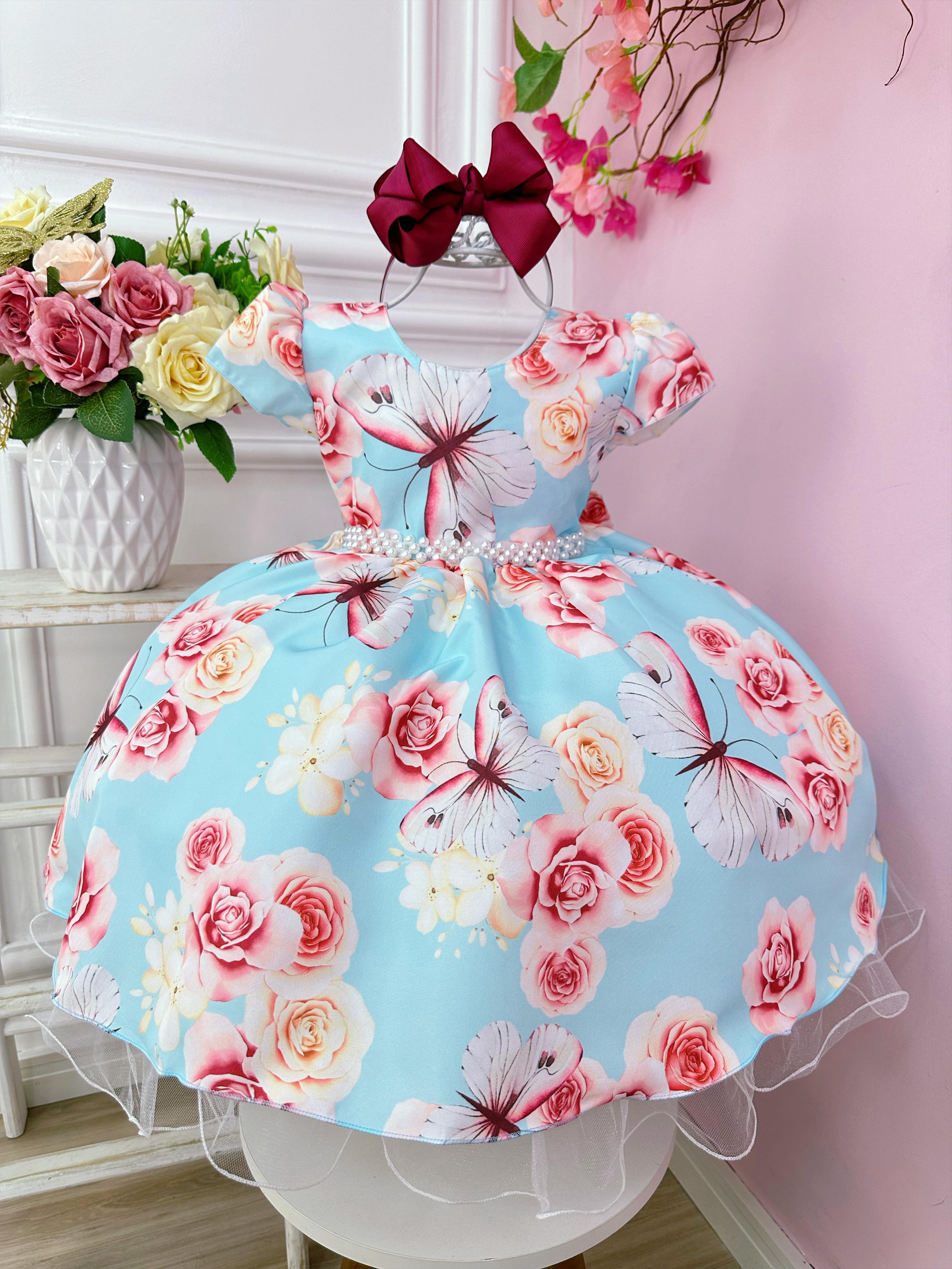 Vestido Infantil Azul Jardim das Borboletas com Pérolas