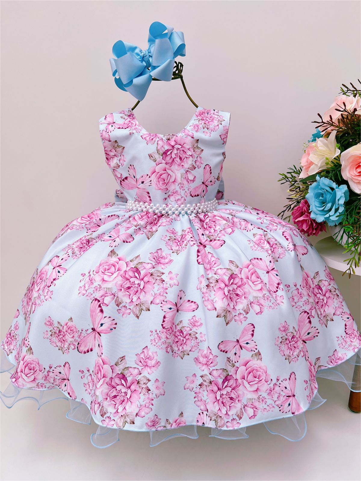 Vestido Infantil Azul Jardim das Borboletas Pérolas
