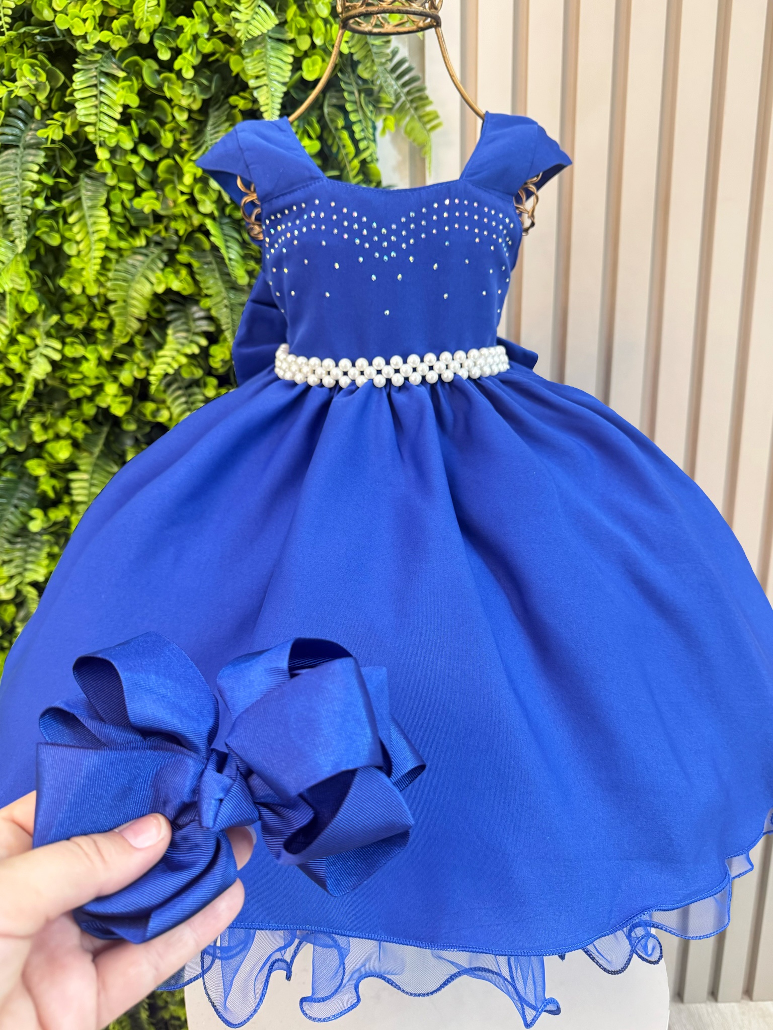Vestido Infantil Azul Royal + Tiara ou Laço