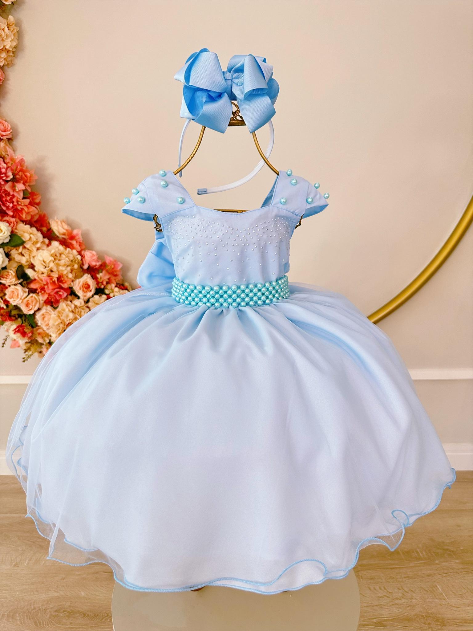 Vestido Infantil Azul Saia Organza e Busto C/ Strass Luxo