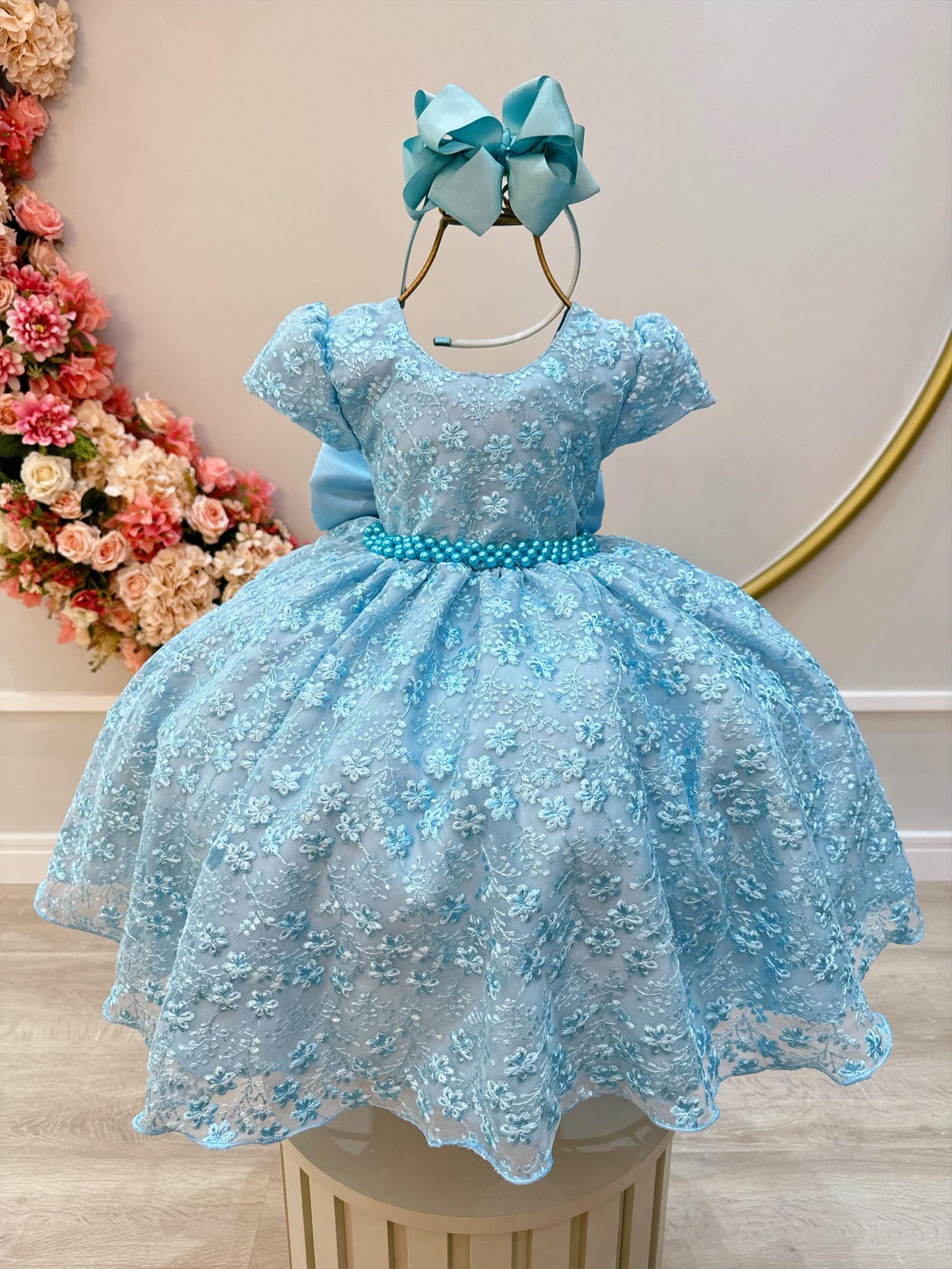 Vestido Infantil Azul Tule C/ Renda Florido Cinto de Pérolas