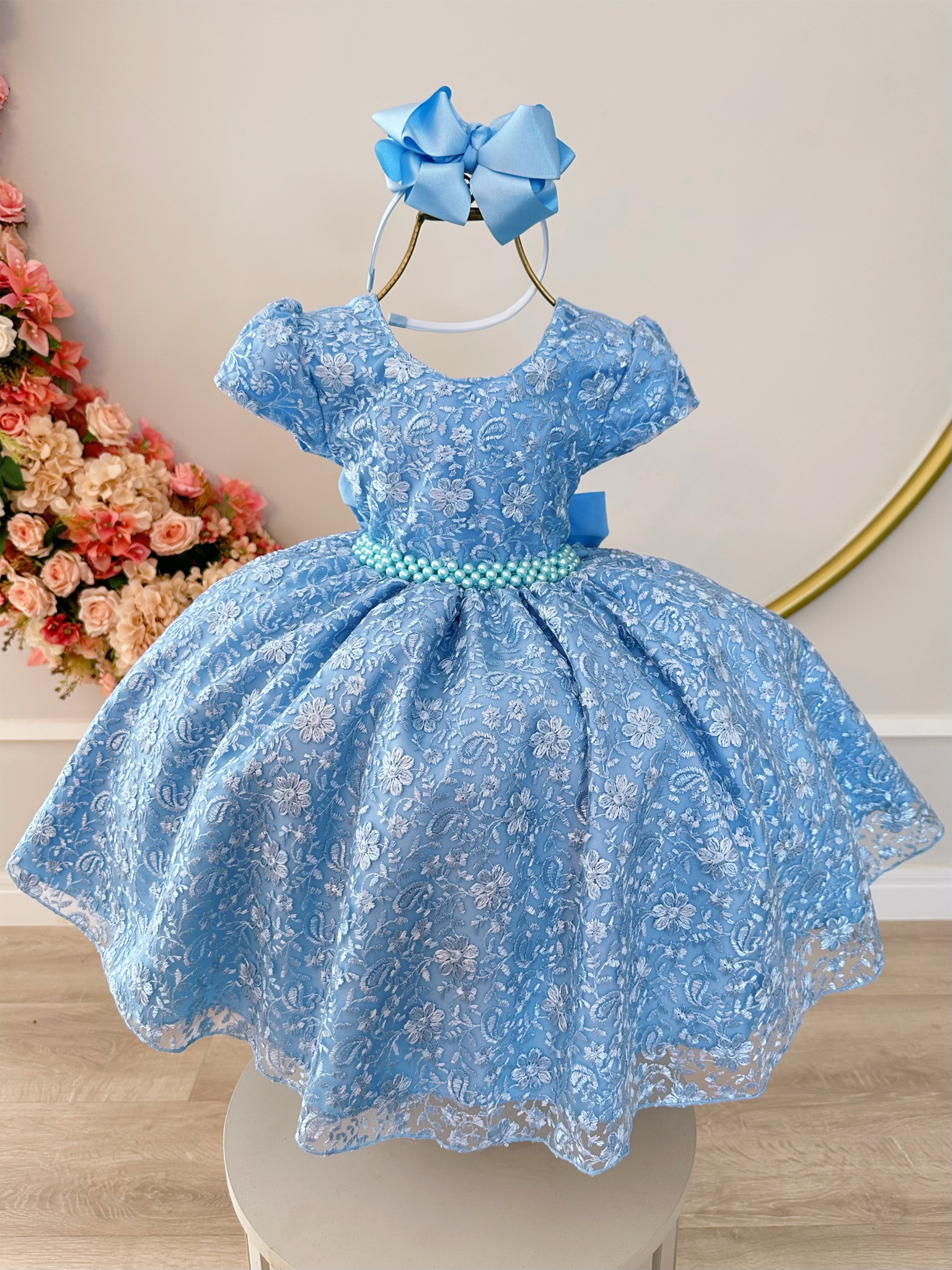 Vestido Infantil Azul Tule Com Renda de Flores Damas Festas