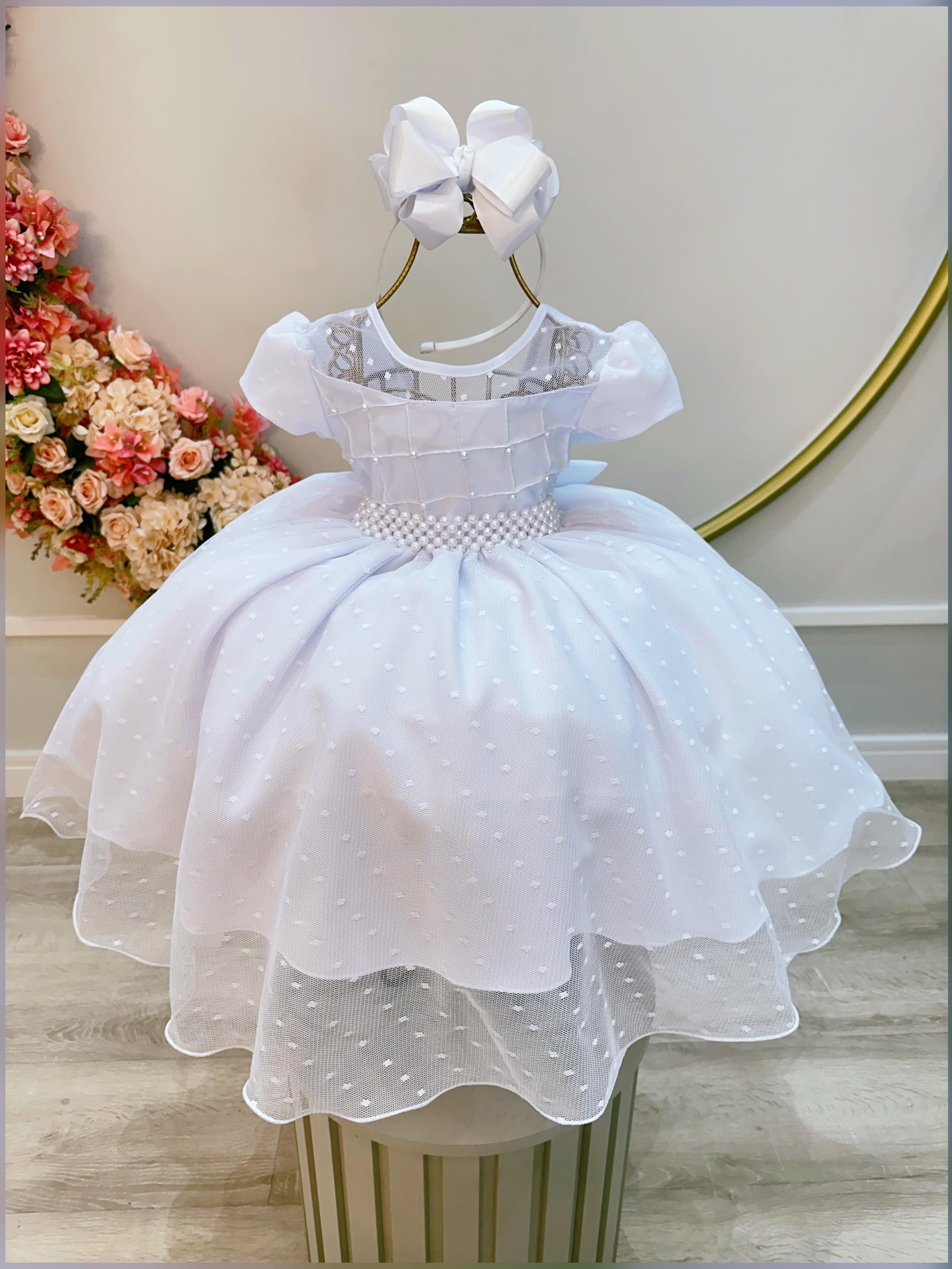 Vestido Infantil Branco Busto Nervura e Tule Pipoquinha