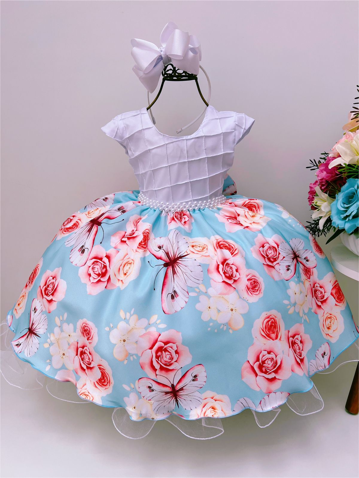 Vestido Infantil Branco Busto Nervura Jardim das Borboletas