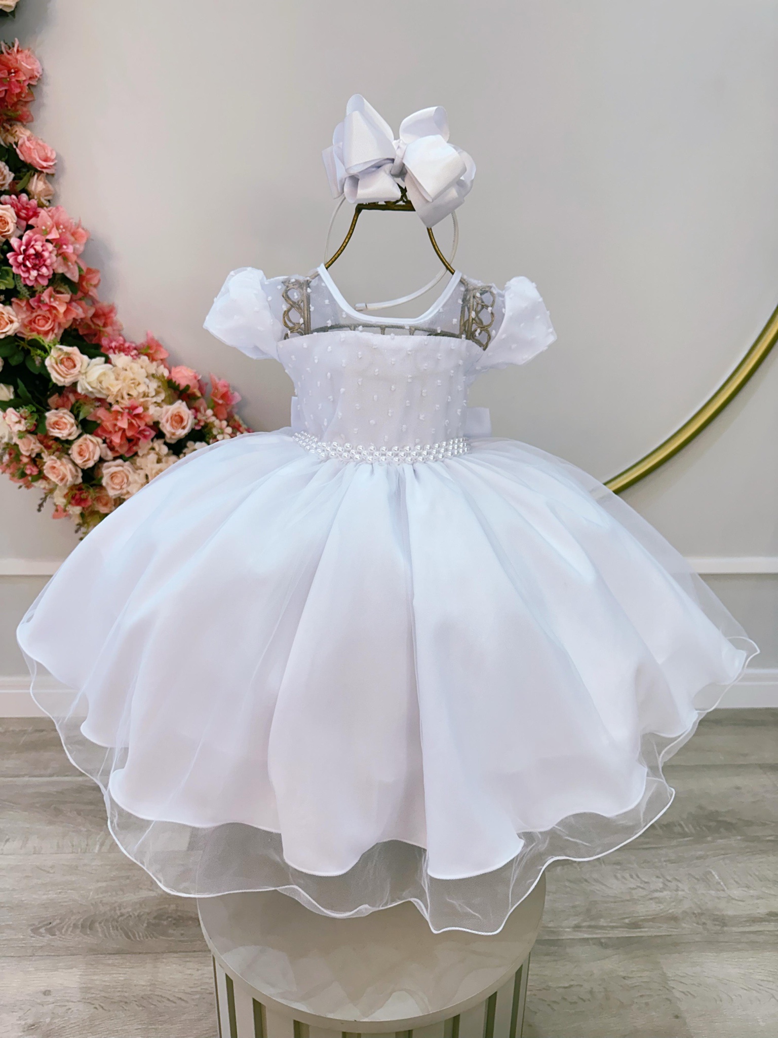 Vestido Infantil Branco C/ Tule Pipoquinha Daminhas Festas