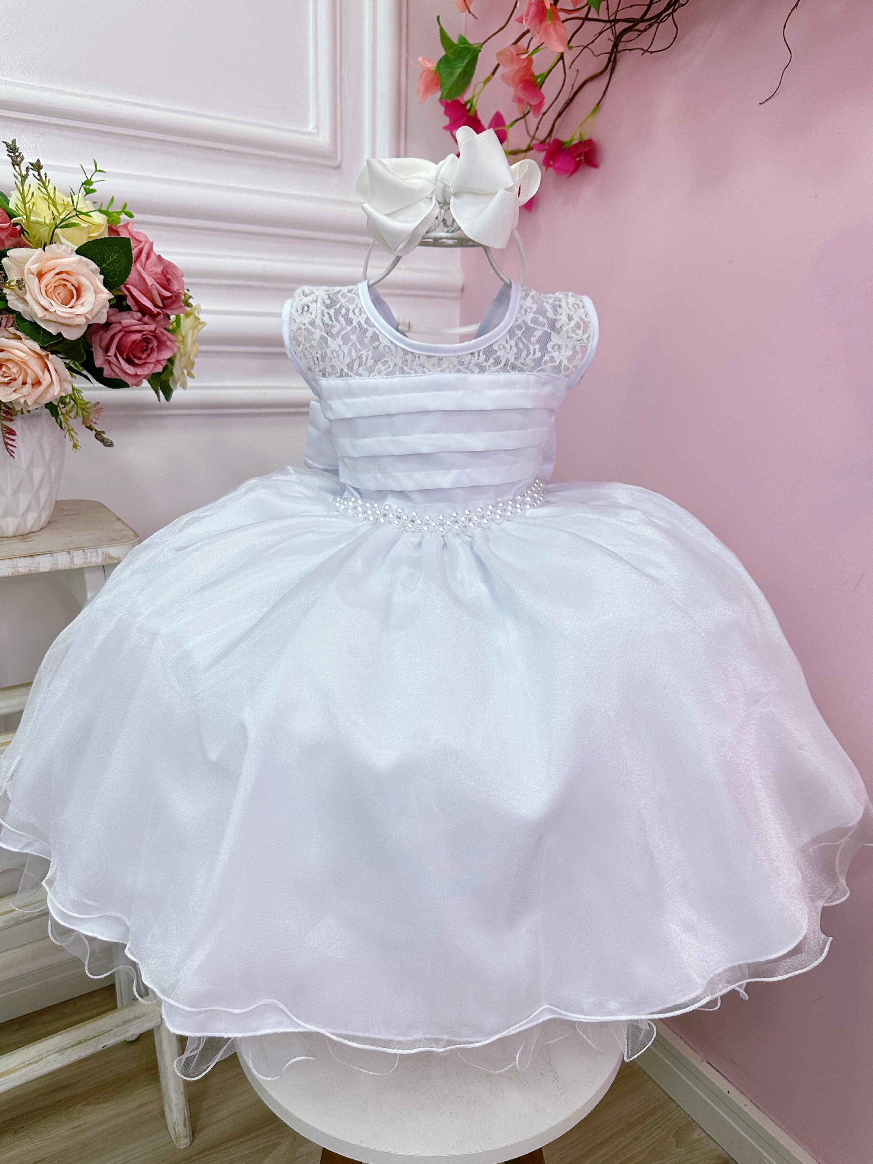 Vestido Infantil Branco Com Renda Cinto Pérolas