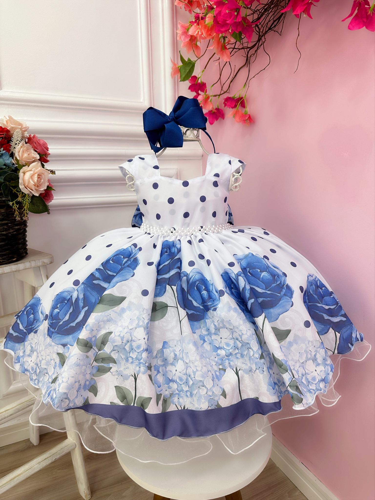 Vestido Infantil Branco Floral Azul Bolas C/ Pérolas Festas