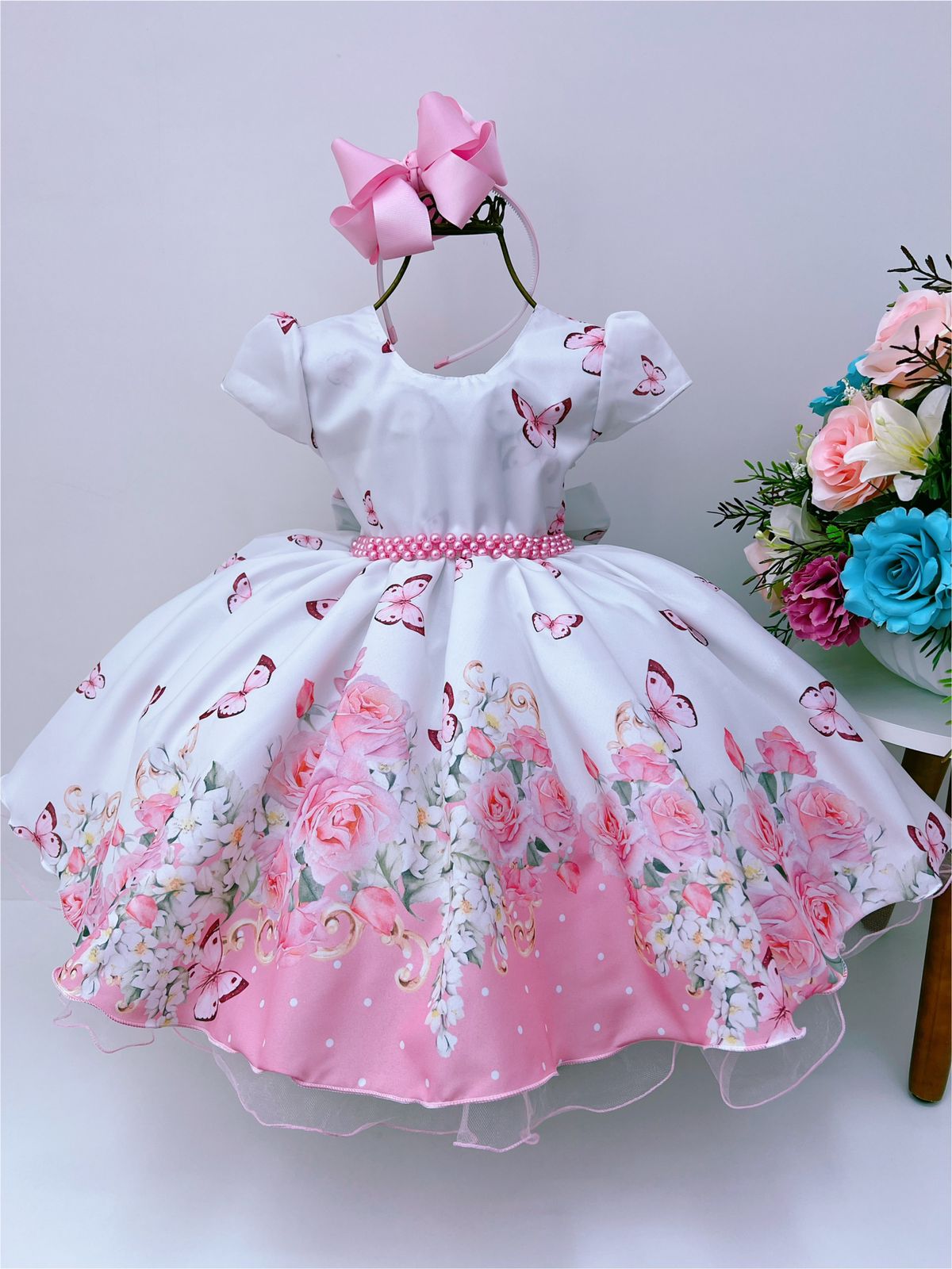 Vestido Infantil Branco Jardim das Borboletas C/ Pérolas Luxo