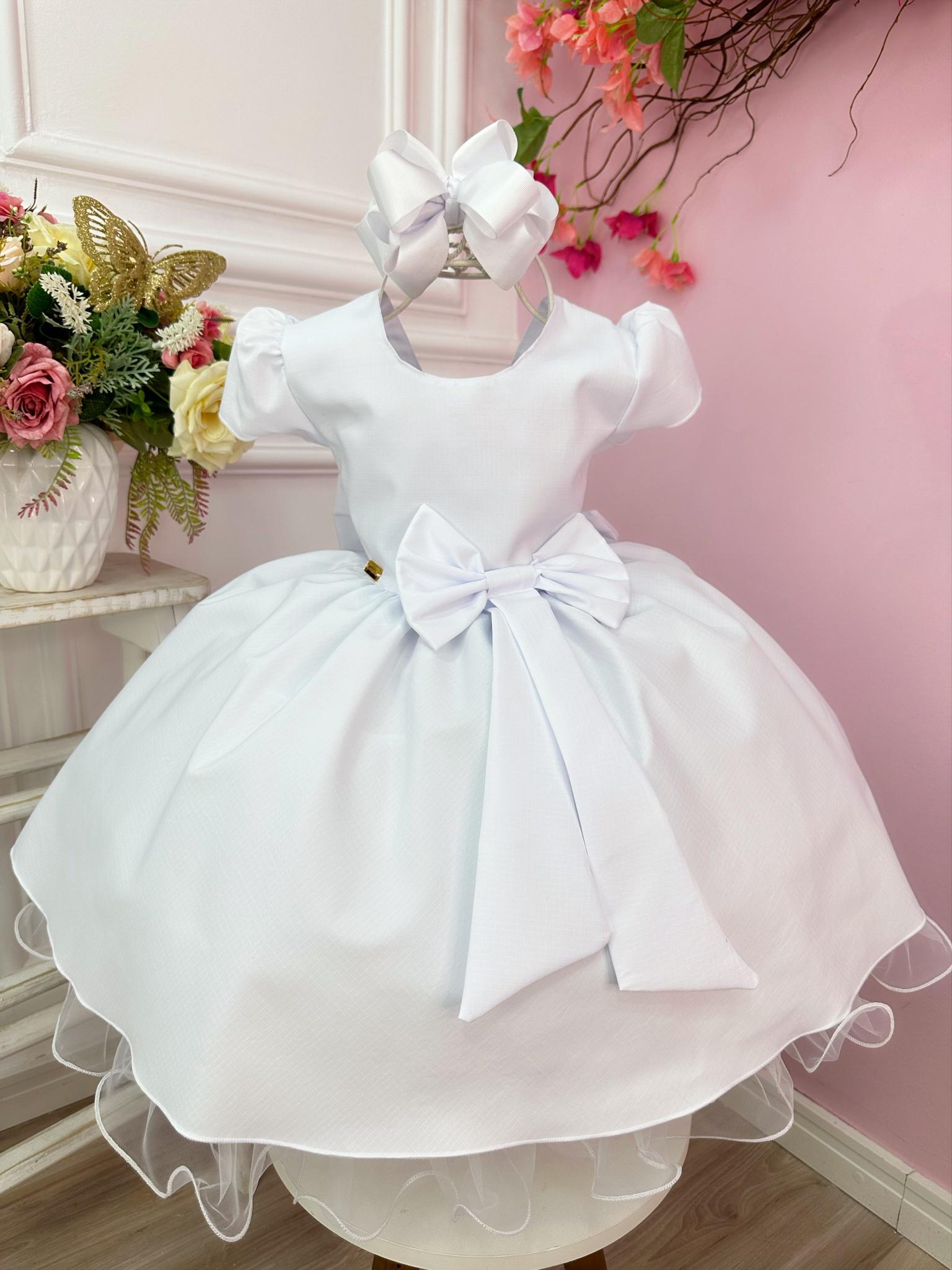 Vestido Infantil Branco Liso Aplique Laço Damas Formaturas