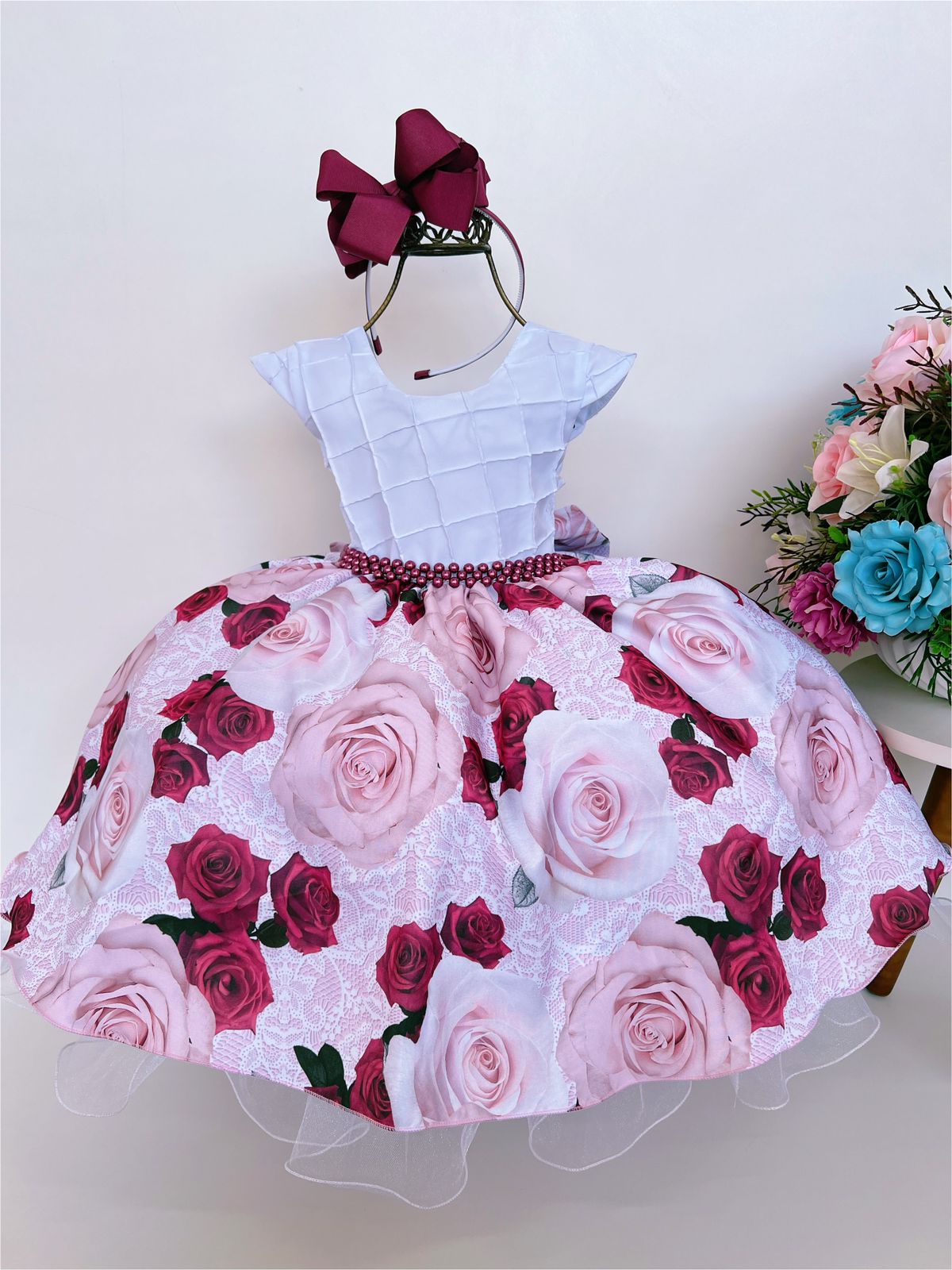 Vestido Infantil Branco Busto Nervura Jardim Borboletas Luxo