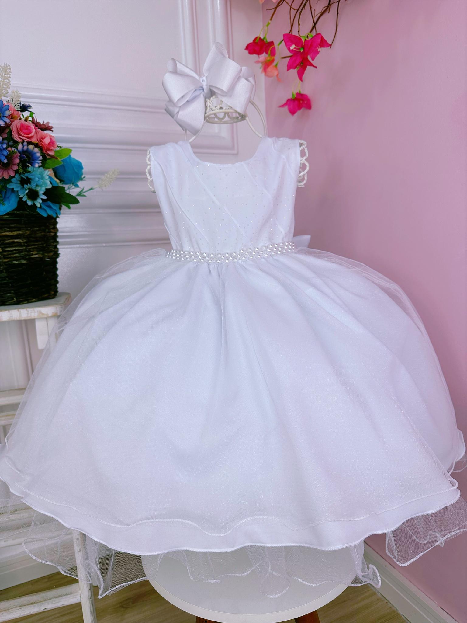 Vestido Infantil Branco Peito Strass Voal Cinto de Pérolas