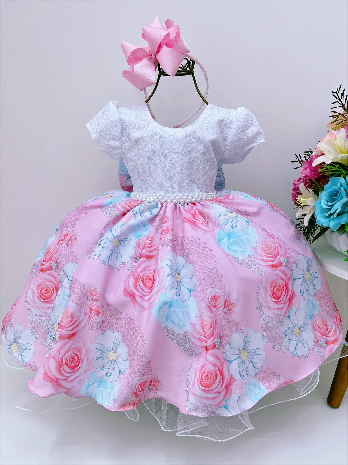 Vestido Infantil Branco Renda Saia Rosa Florida Pérolas Luxo
