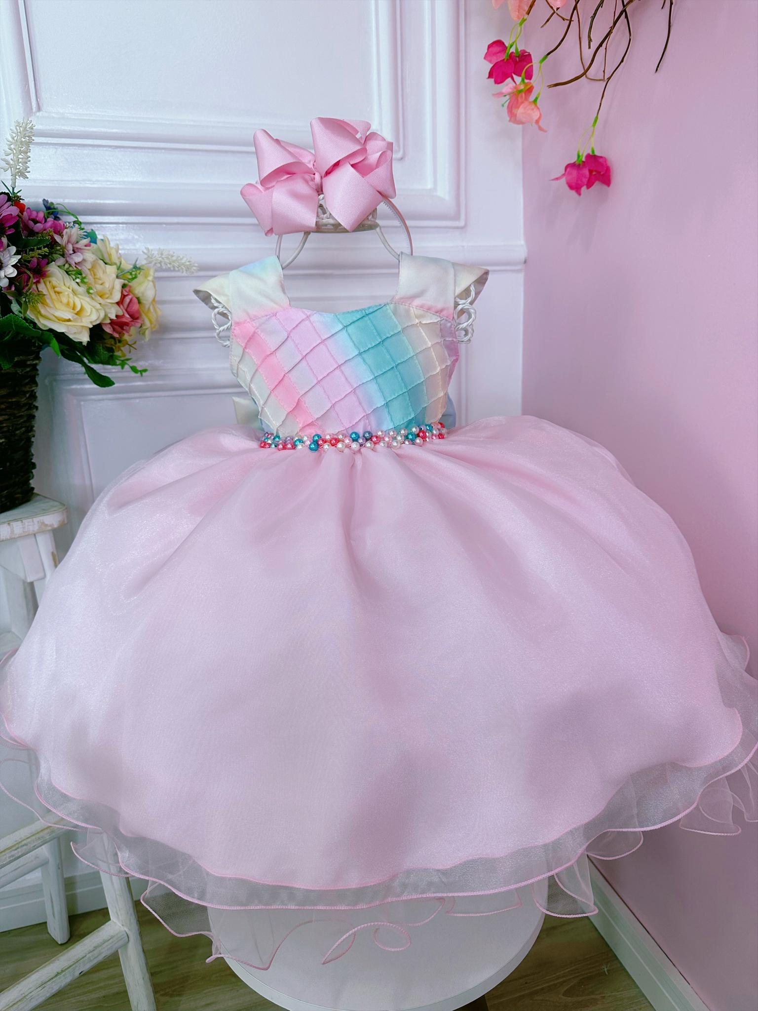 Vestido Infantil Chuva de Amor Arco Irís Peito Nervura