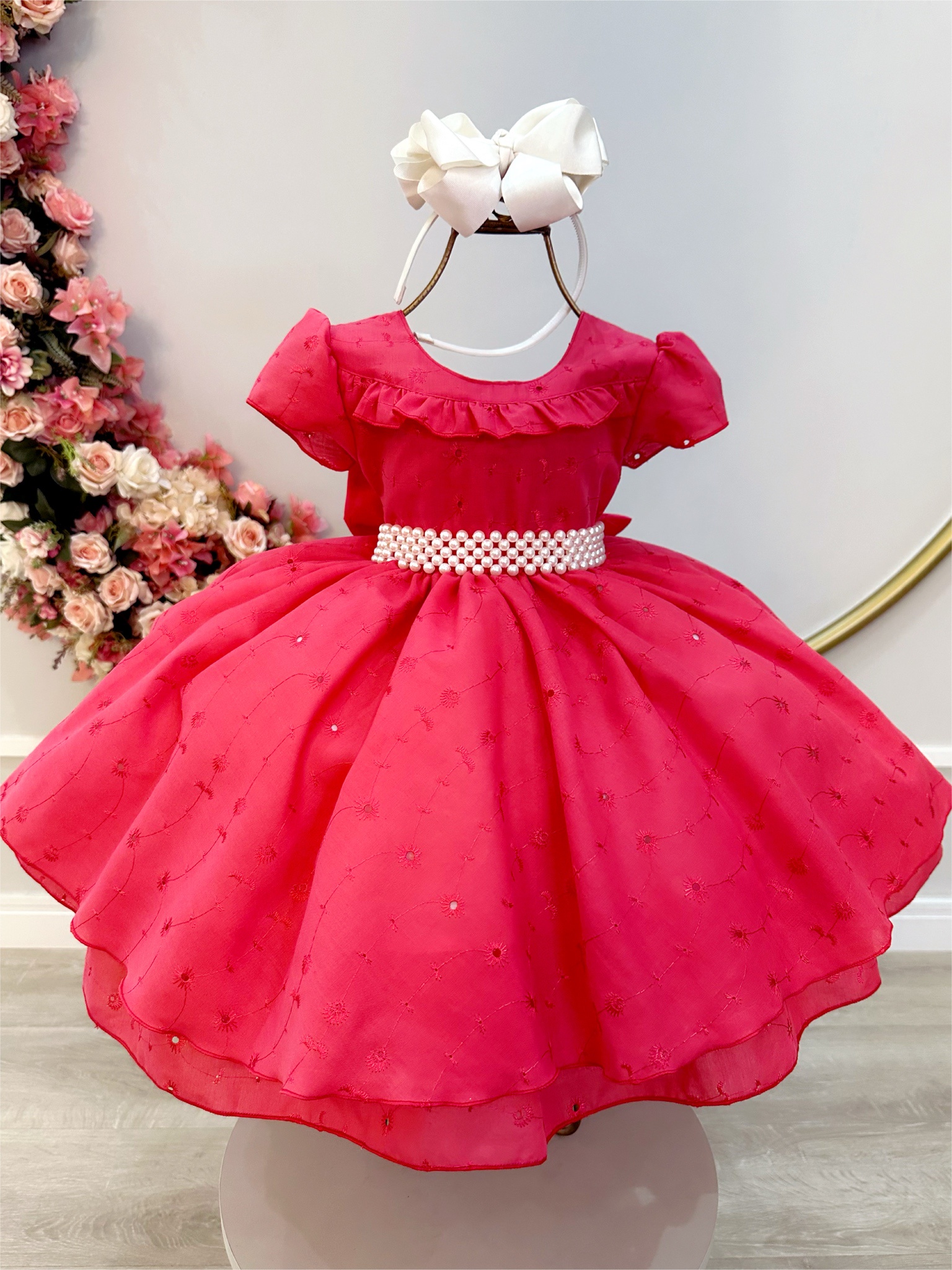 Vestido Infantil Goiaba Laise C/ Babados Luxo Daminhas Festas
