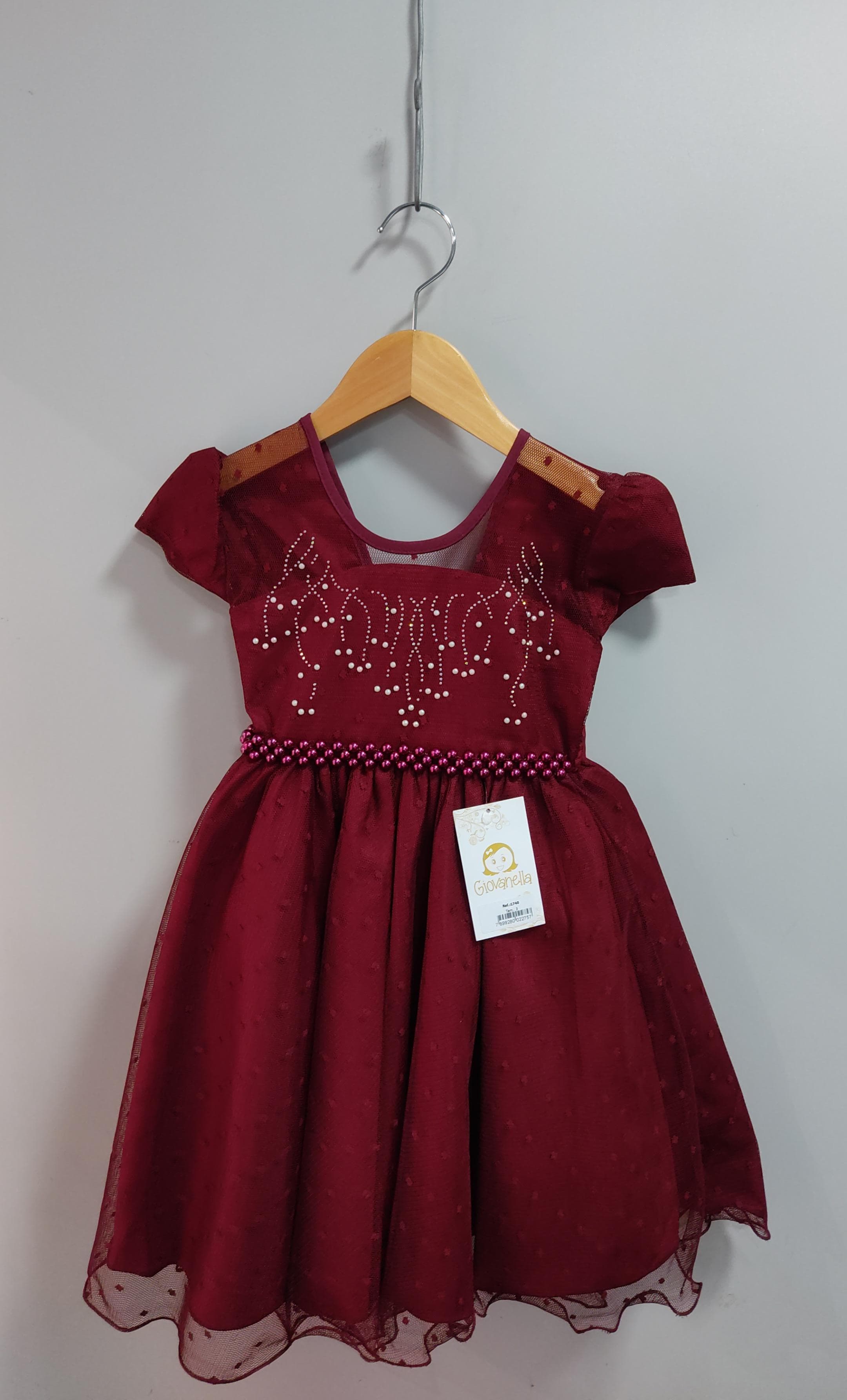 Vestido Infantil Marsala C/ Tule Pipoquinha Luxo C/ Pérolas