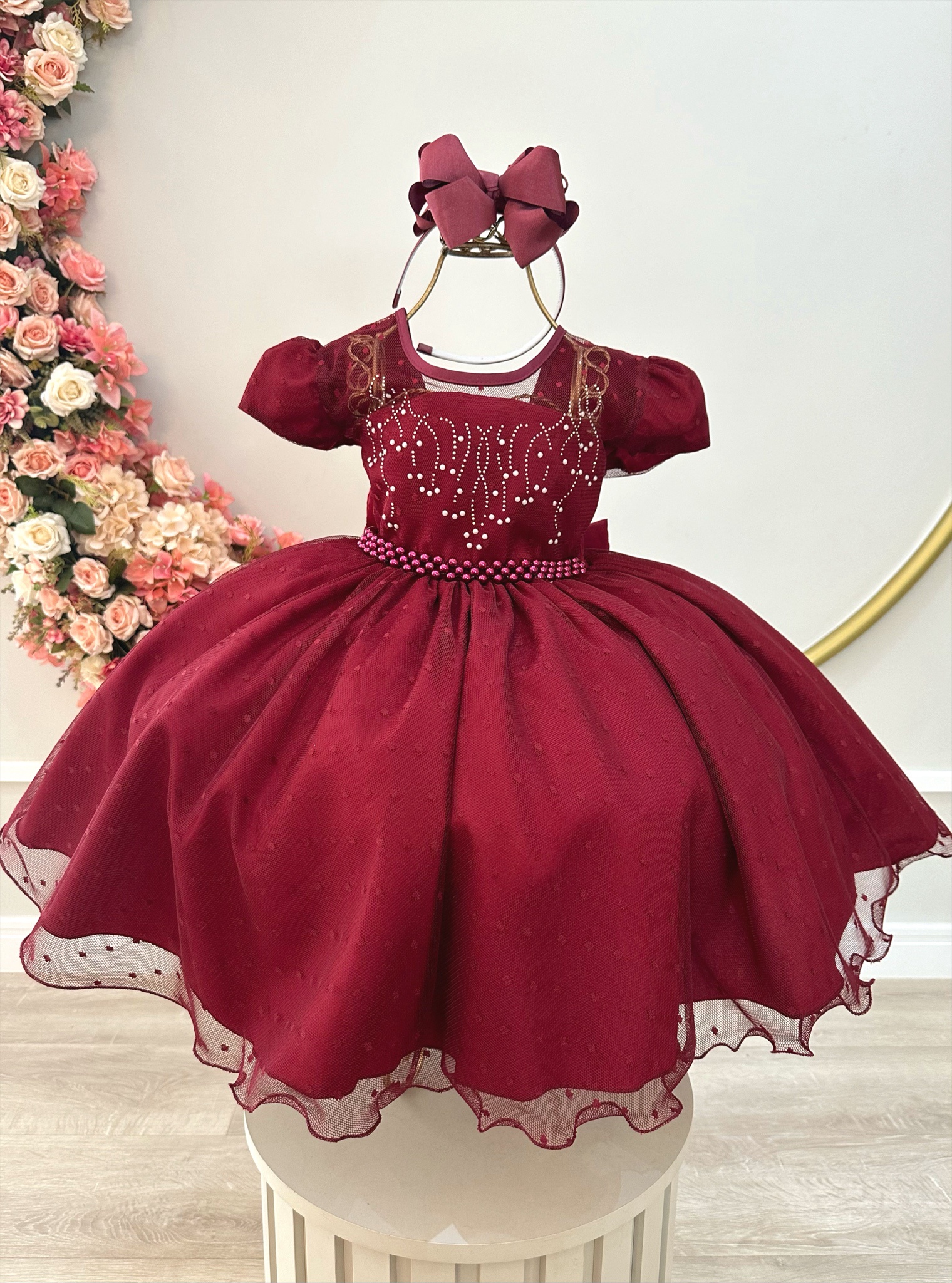 Vestido Infantil Marsala C/ Tule Pipoquinha Luxo C/ Pérolas