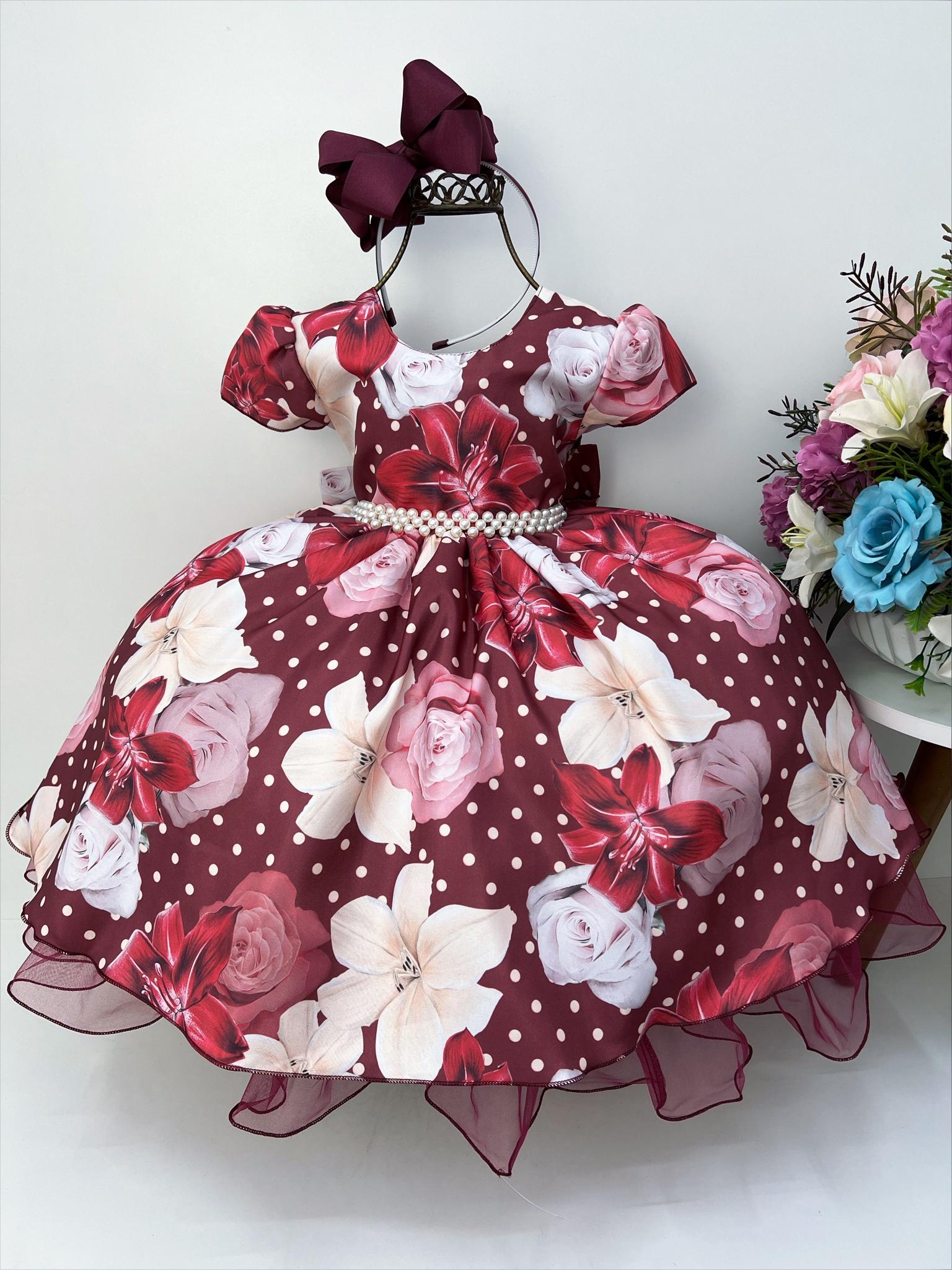 Vestido Infantil Marsala Florido C/ Cinto de Pérolas Luxo