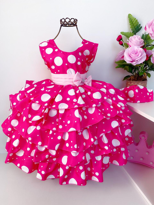 Vestido Infantil Minnie Pink Luxo Babados Sem Manga Festas