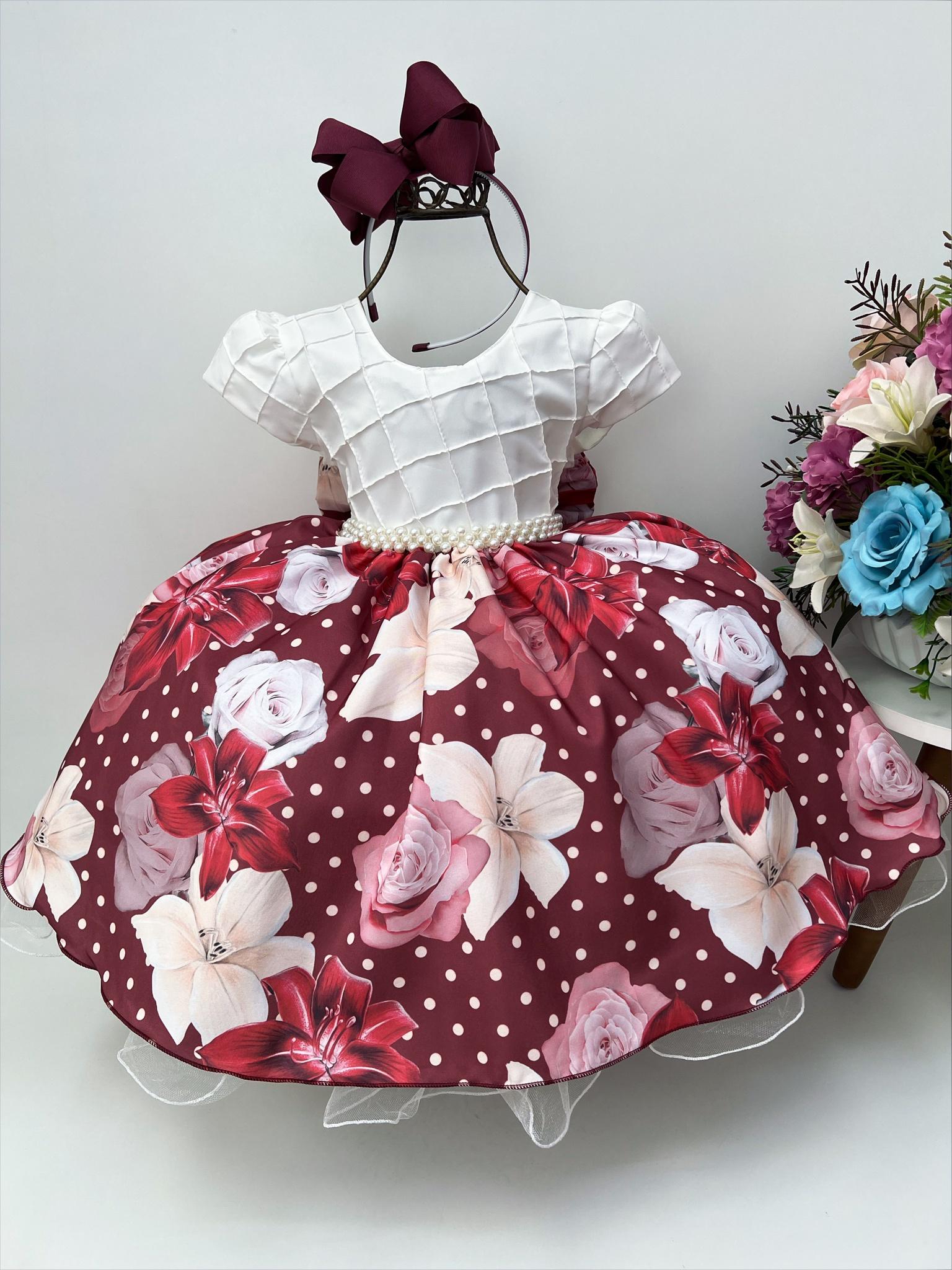 Vestido Infantil Off Busto Nervura Saia Marsala Florido Luxo
