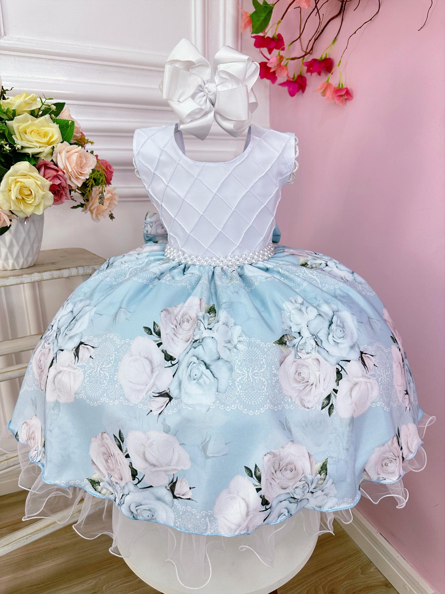 Vestido Infantil Busto Nervura Branco Azul Florido Pérola