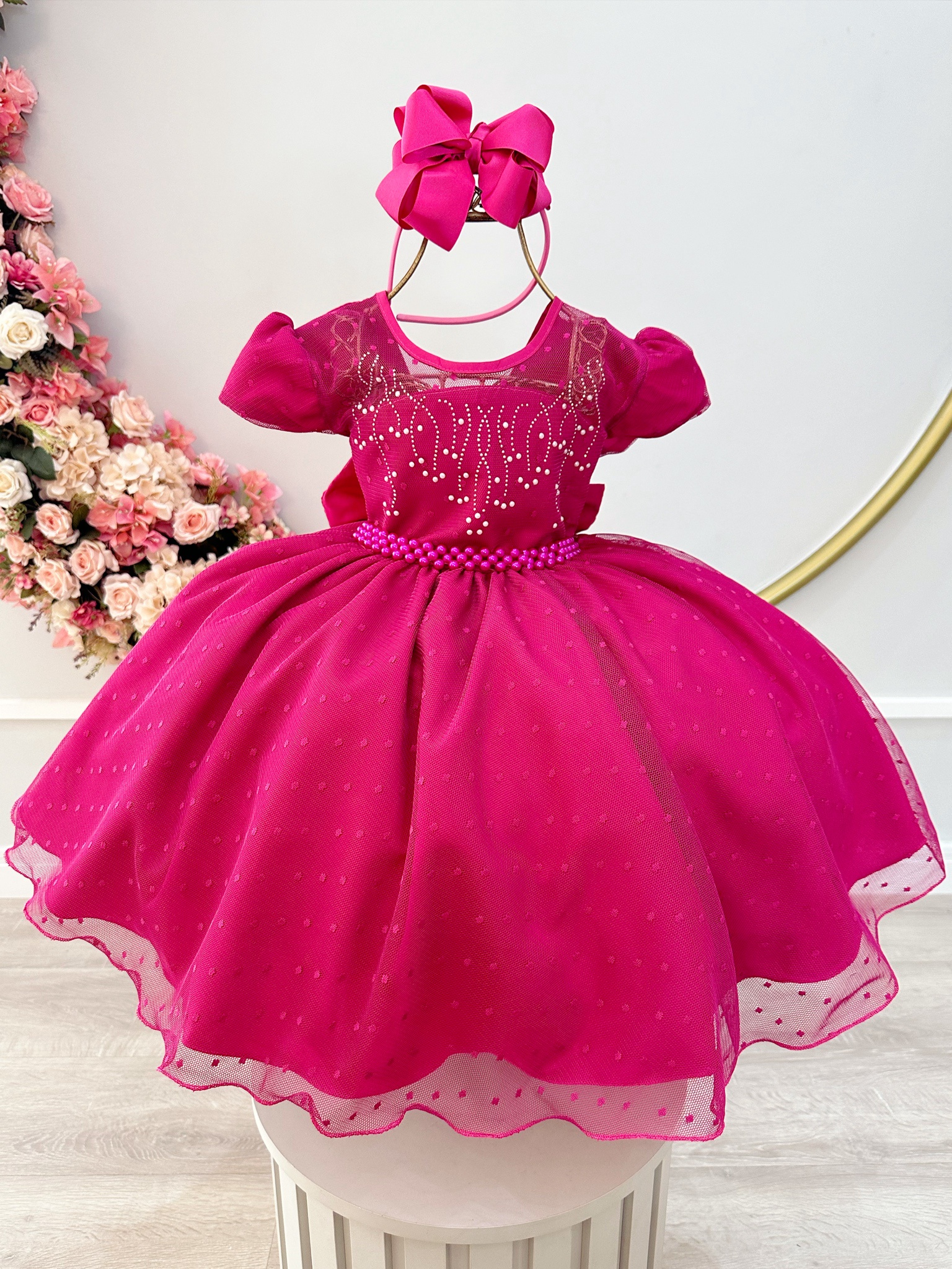 Vestido Infantil Pink C/ Tule Pipoquinha Luxo Daminhas