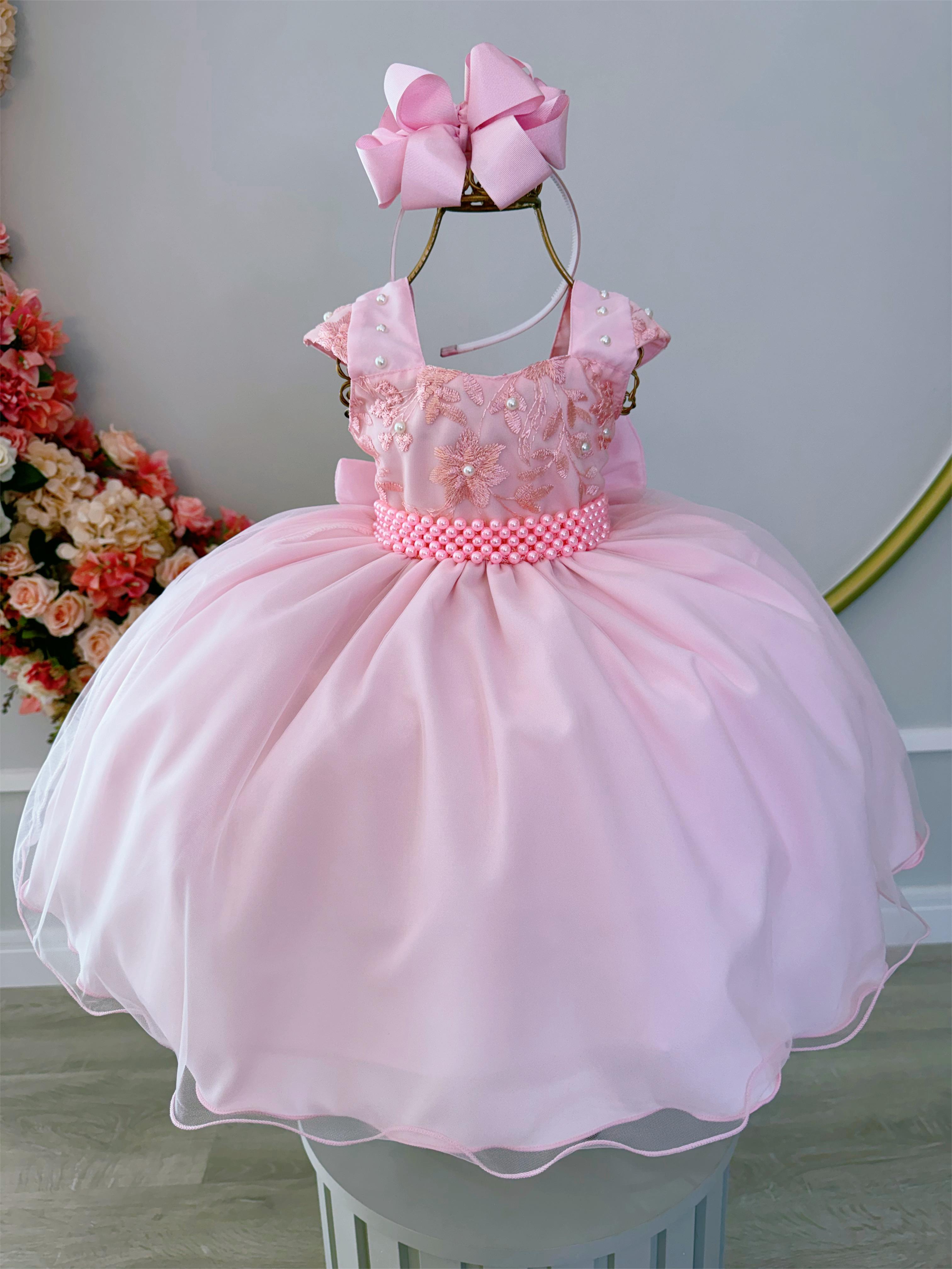 Vestido Infantil Rosa Bebê C/ Renda Luxo e Cinto de Pérolas