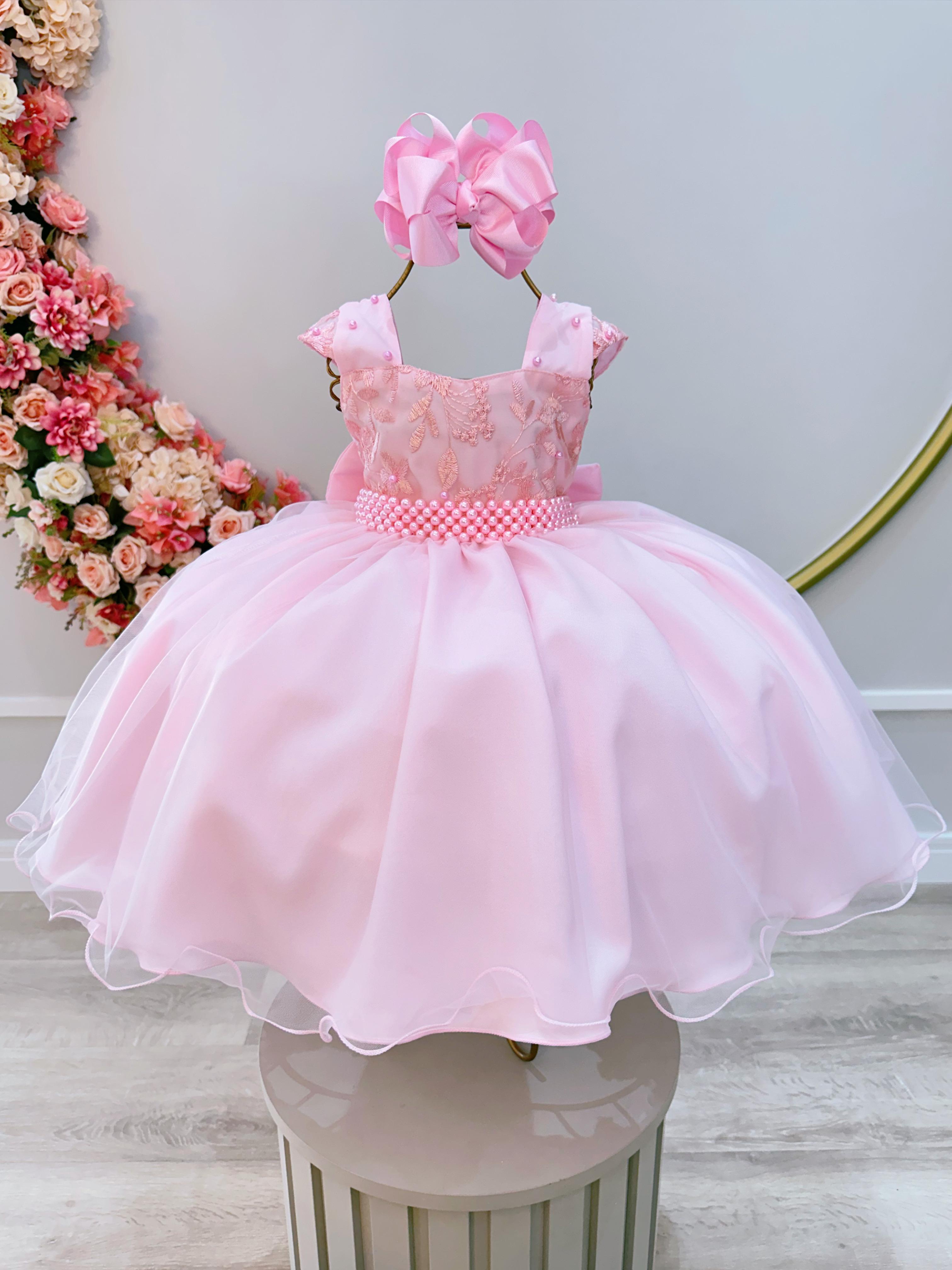 Vestido Infantil Rosa Bebê C/  Renda Luxo e Cinto  de Pérolas