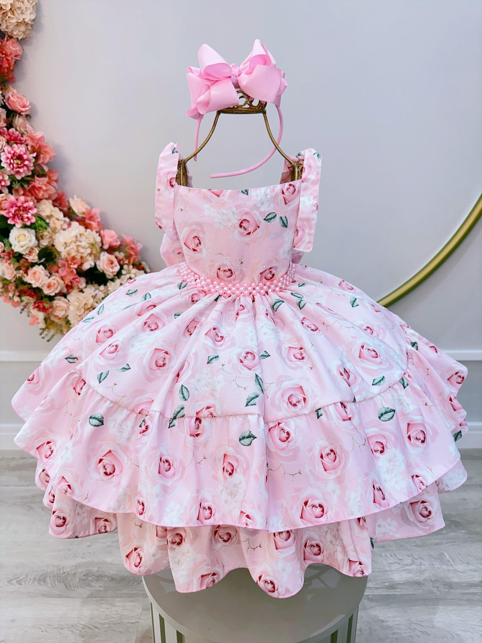 Vestido Infantil Rosa Bebê Flores Rosas C/ Cinto de Pérolas