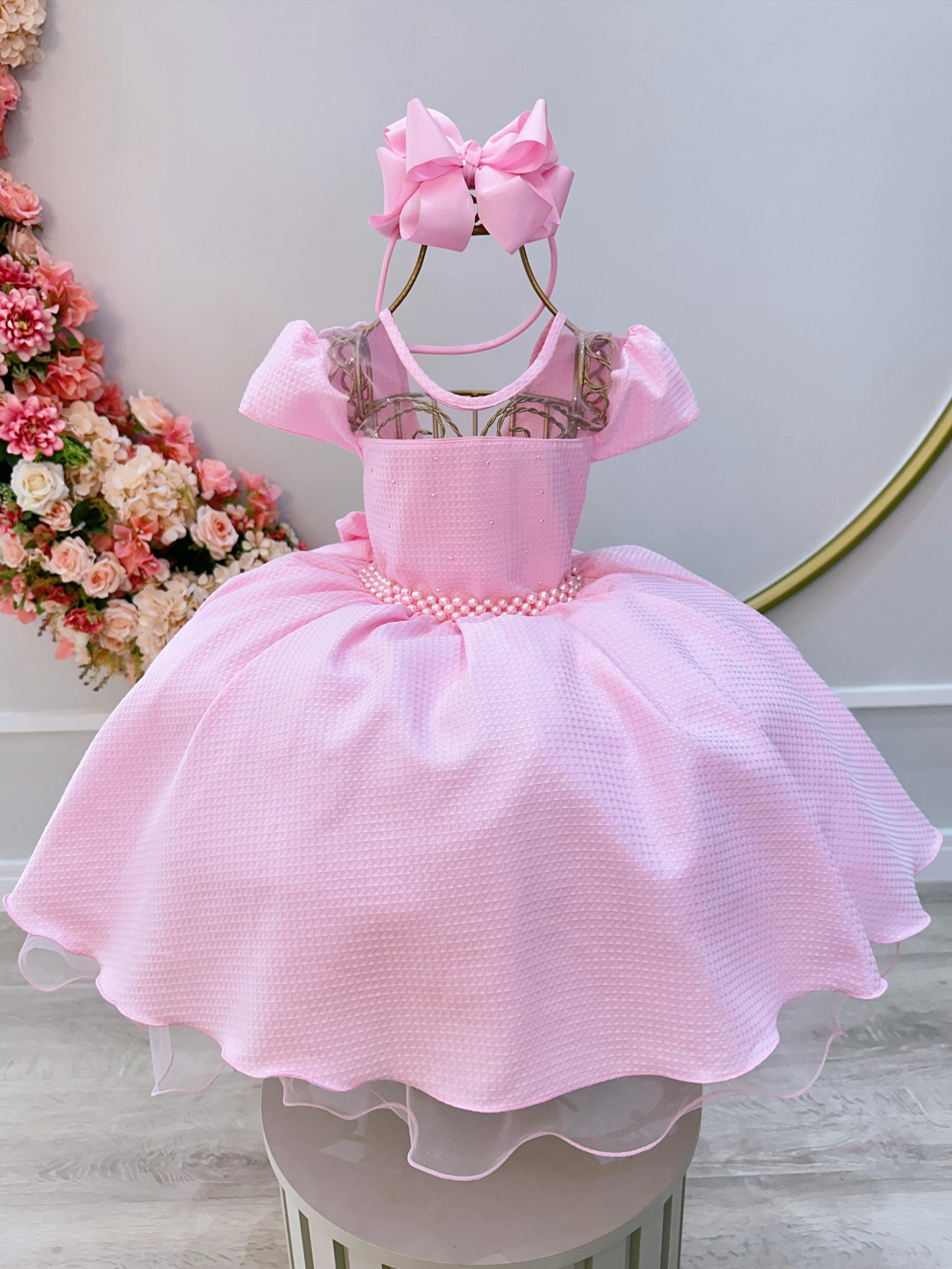 Vestido Infantil Rosa Bebê Maquinetado C/ Cinto de Pérolas