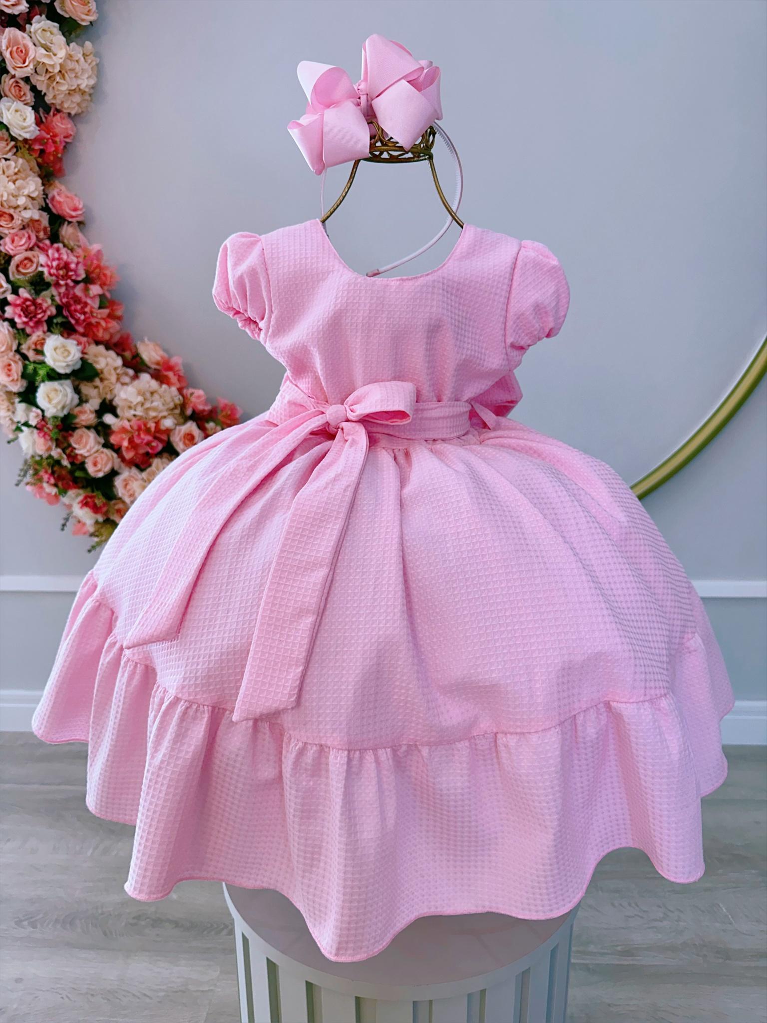 Vestido Infantil Rosa Bebê Maquinetado Luxo Damas
