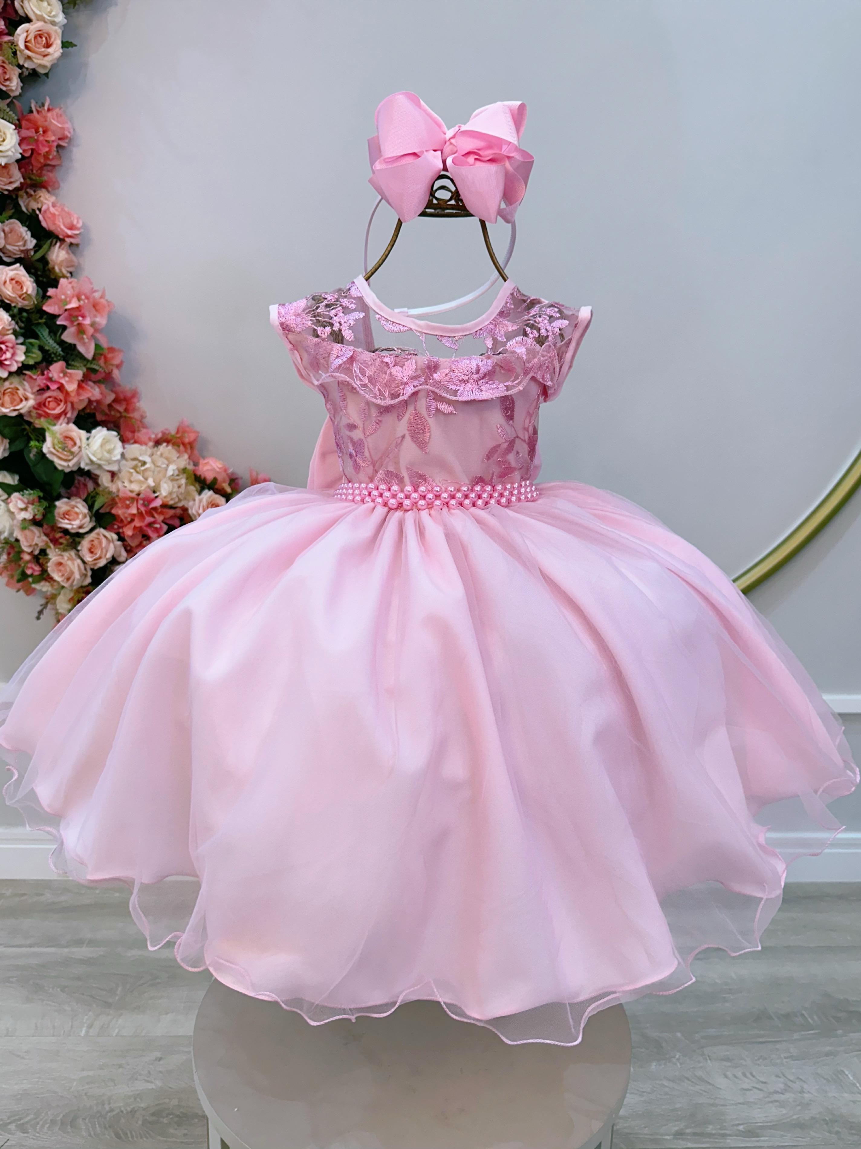 Vestido Infantil Rosa C/ Babados e Renda  Daminhas Festas