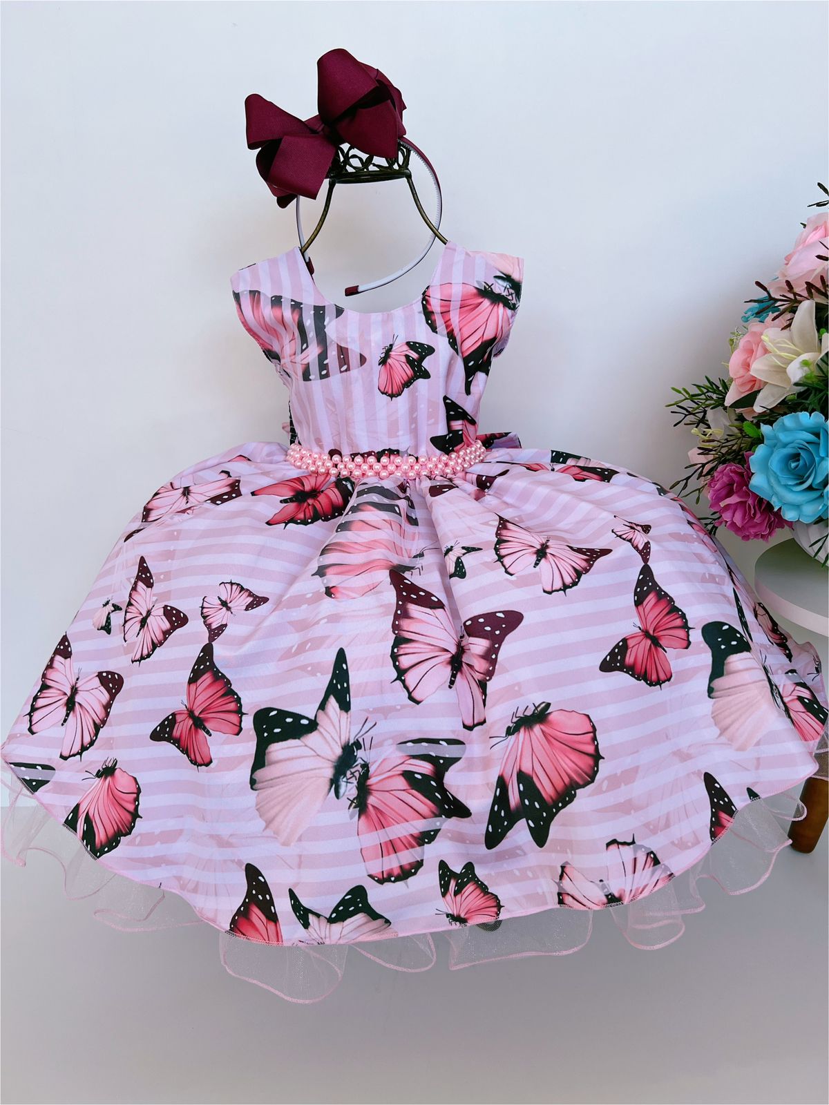 Vestido Infantil Rosa C/ Borboletas e Cinto de Pérolas Luxo