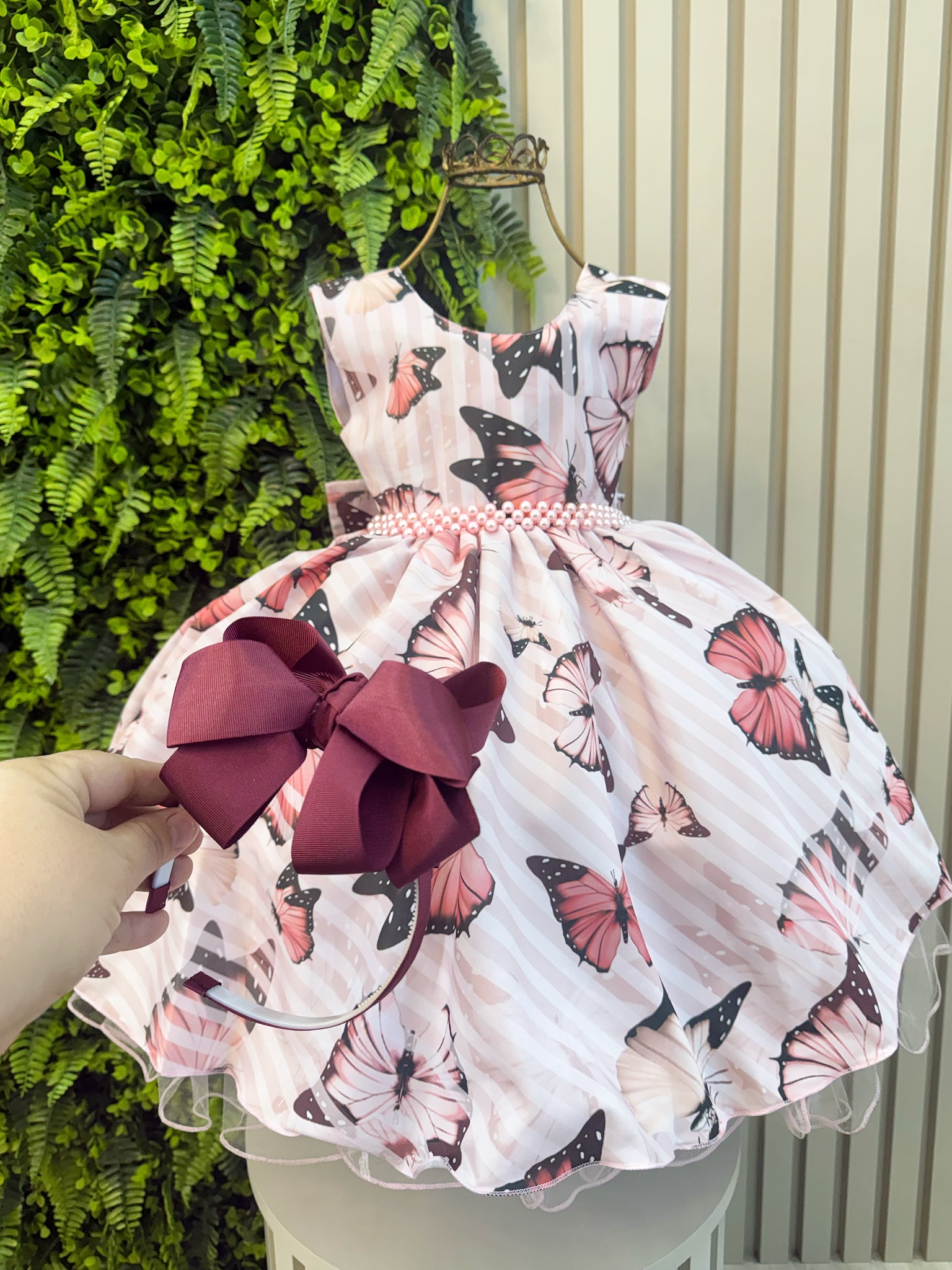 Vestido Estampado Infantil Rosa C/ Marsala + Tiara ou Laço