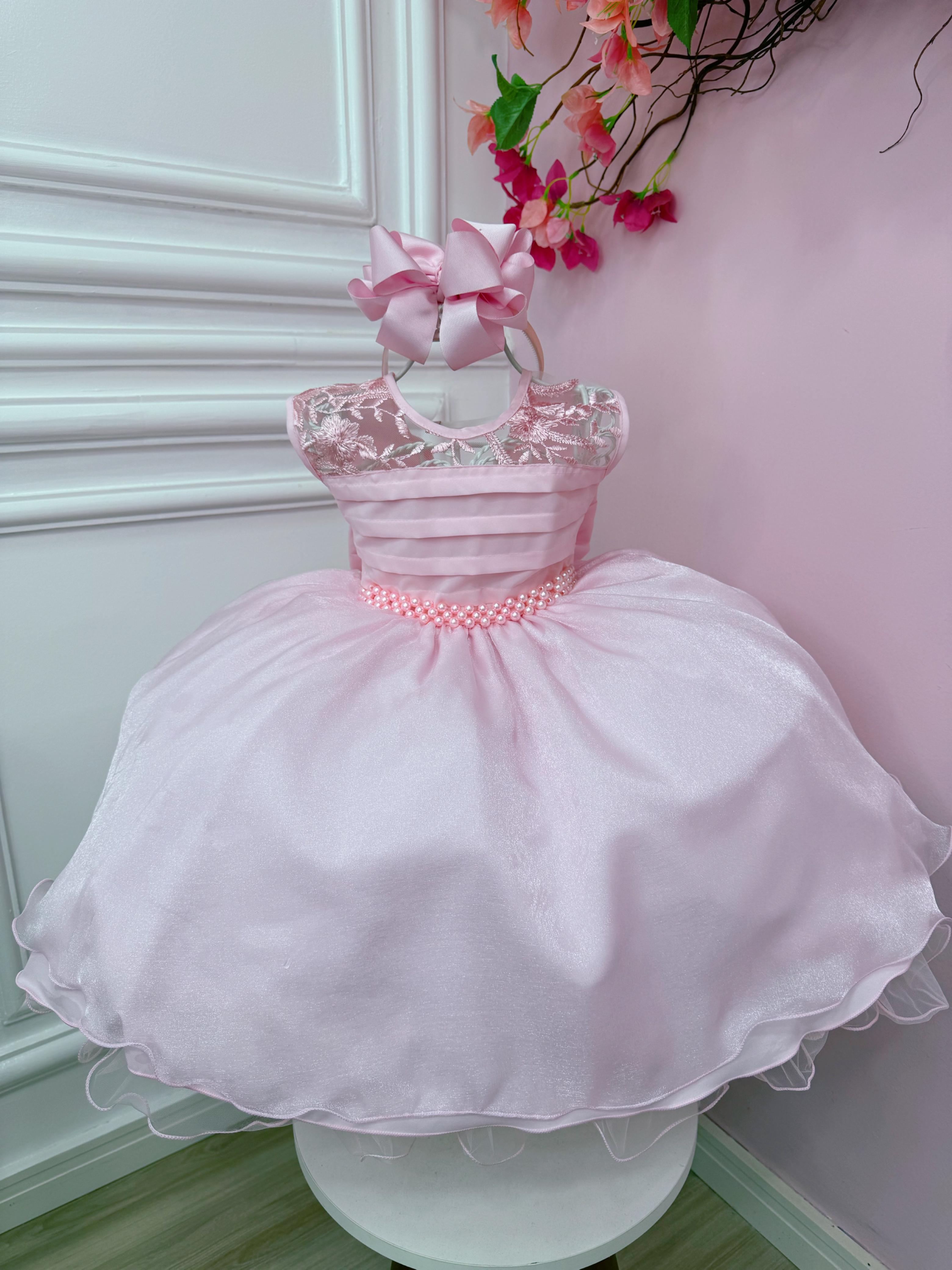 Vestido Infantil Rosa C/ Renda e Busto Plissado Daminhas