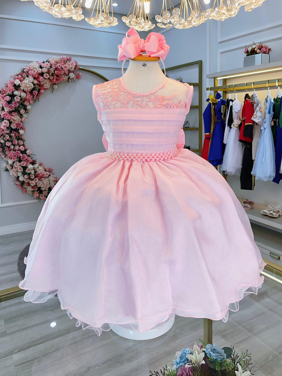 Vestido Infantil Rosa C/ Renda e Busto Plissado Daminhas