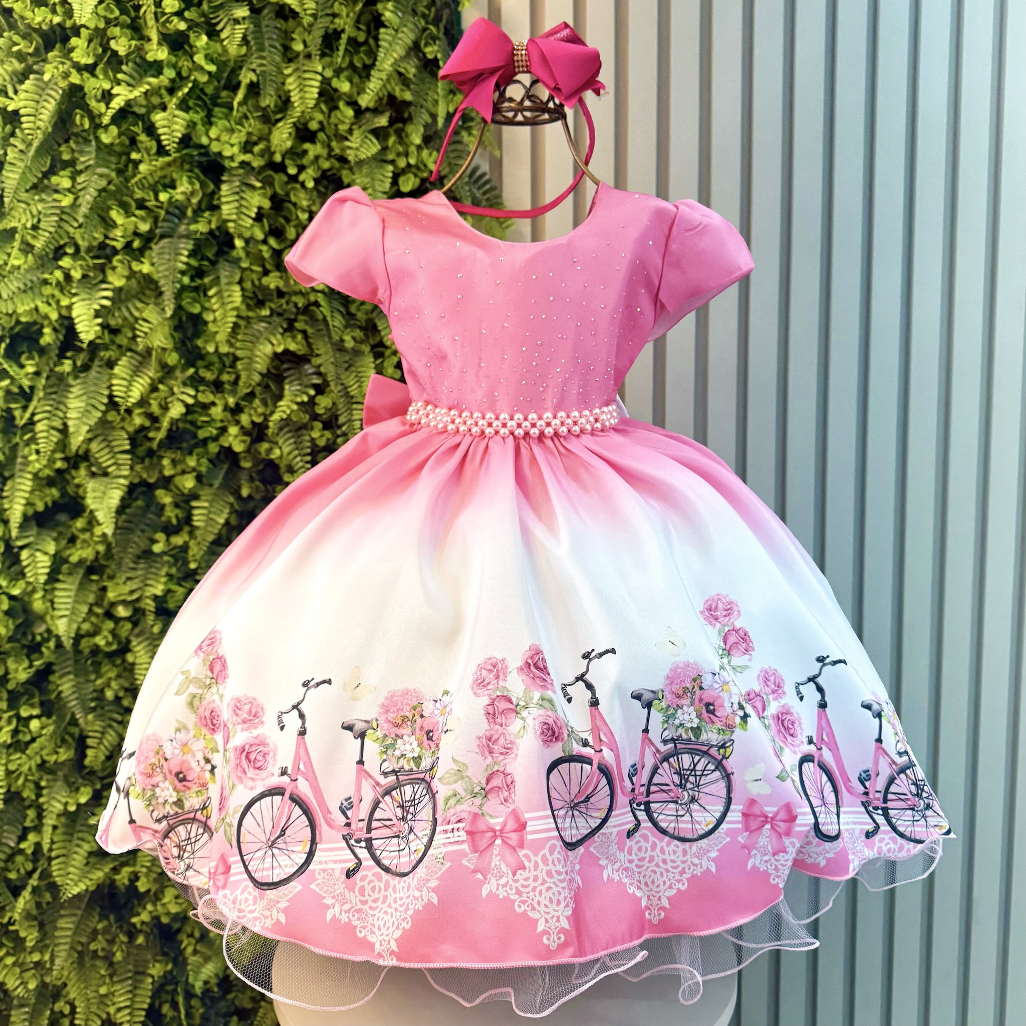 Vestido Infantil Rosa Chiclete Primavera Strass Pérolas