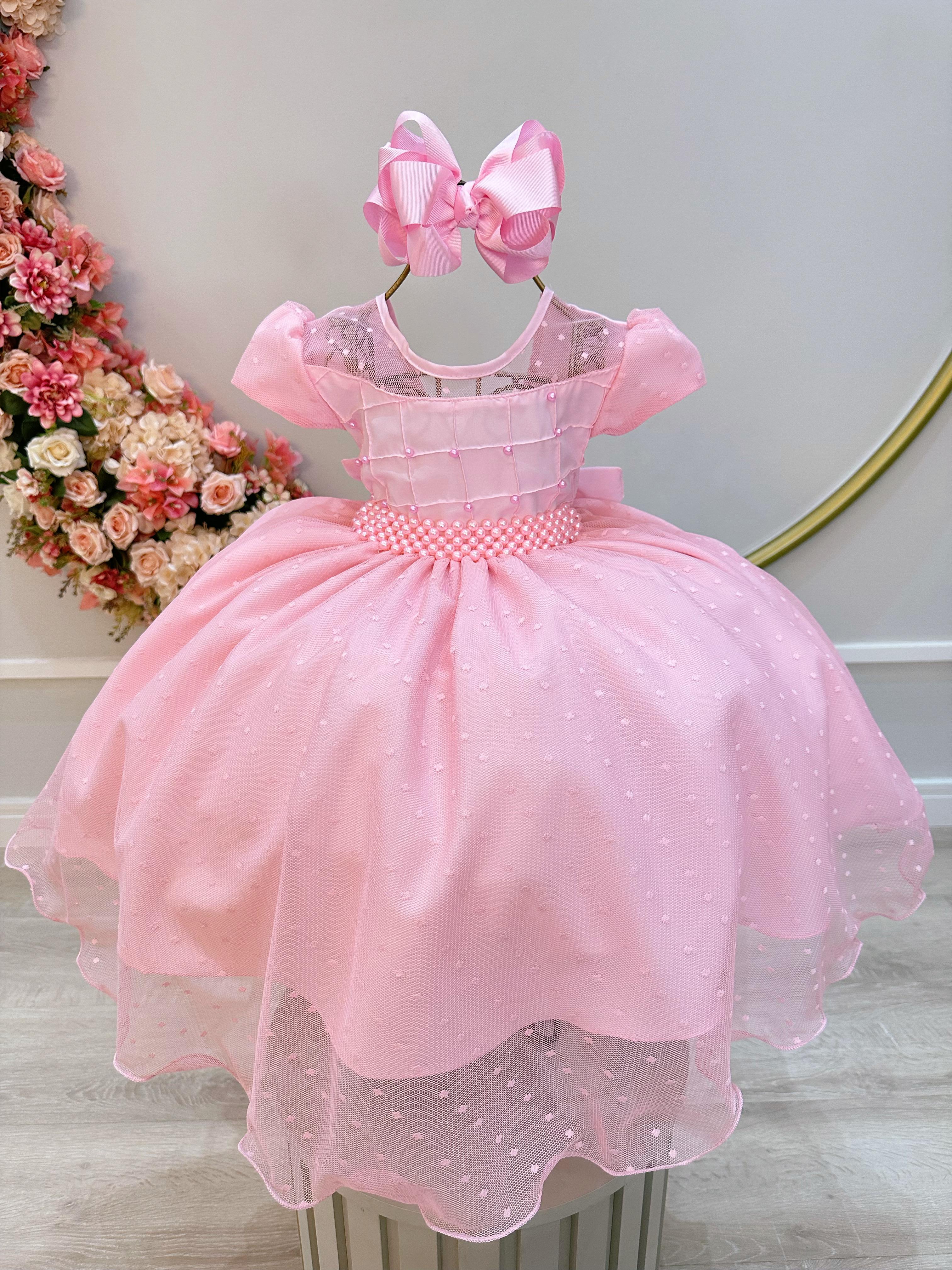 Vestido Infantil Rosa Claro Busto Nervura e Tule Pipoquinha