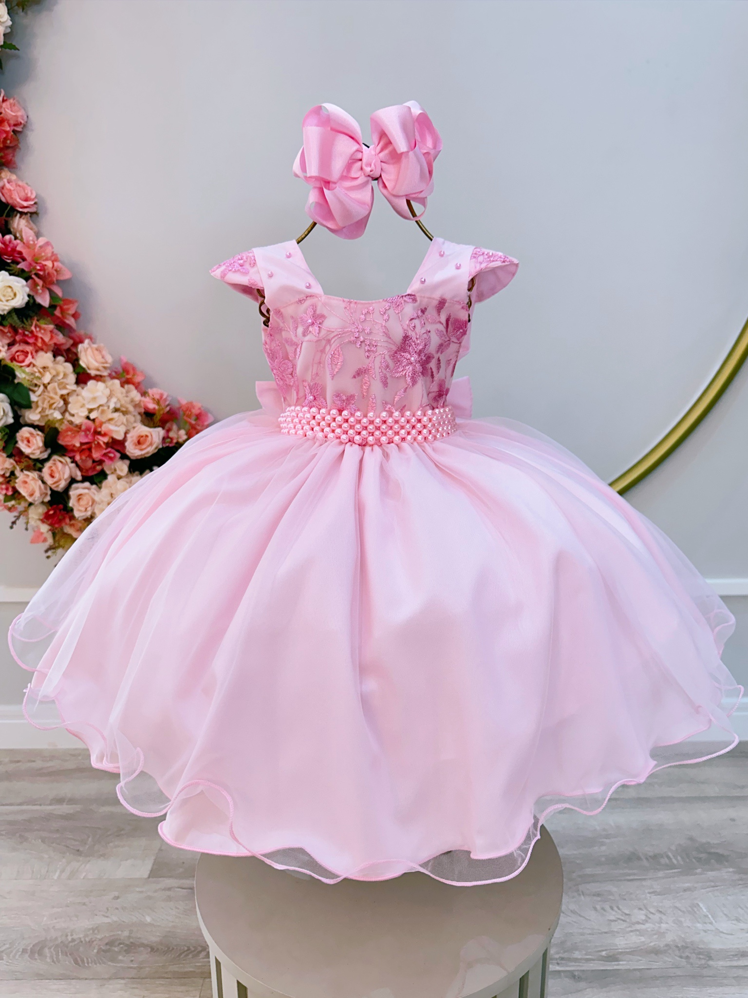 Vestido Infantil Rosa Claro C/ Renda Luxo Casamento Festas