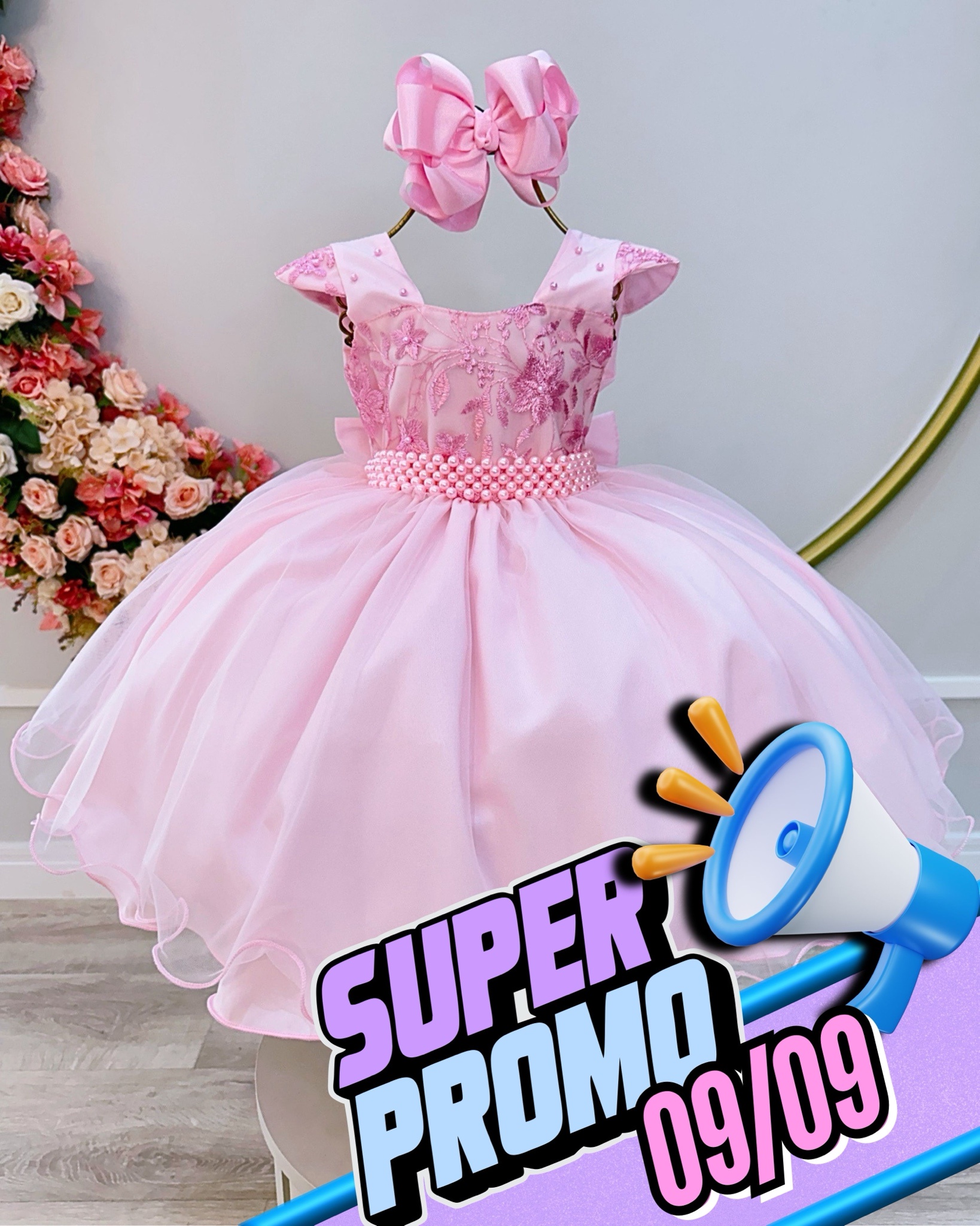 Vestido Infantil Rosa Claro C/ Renda Luxo Casamento Festas