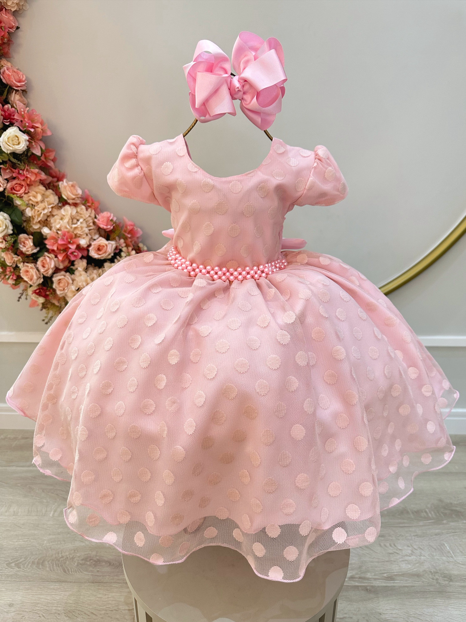 Vestido Infantil Rosa Claro Tule C/ Bolinhas e Pérolas Luxo