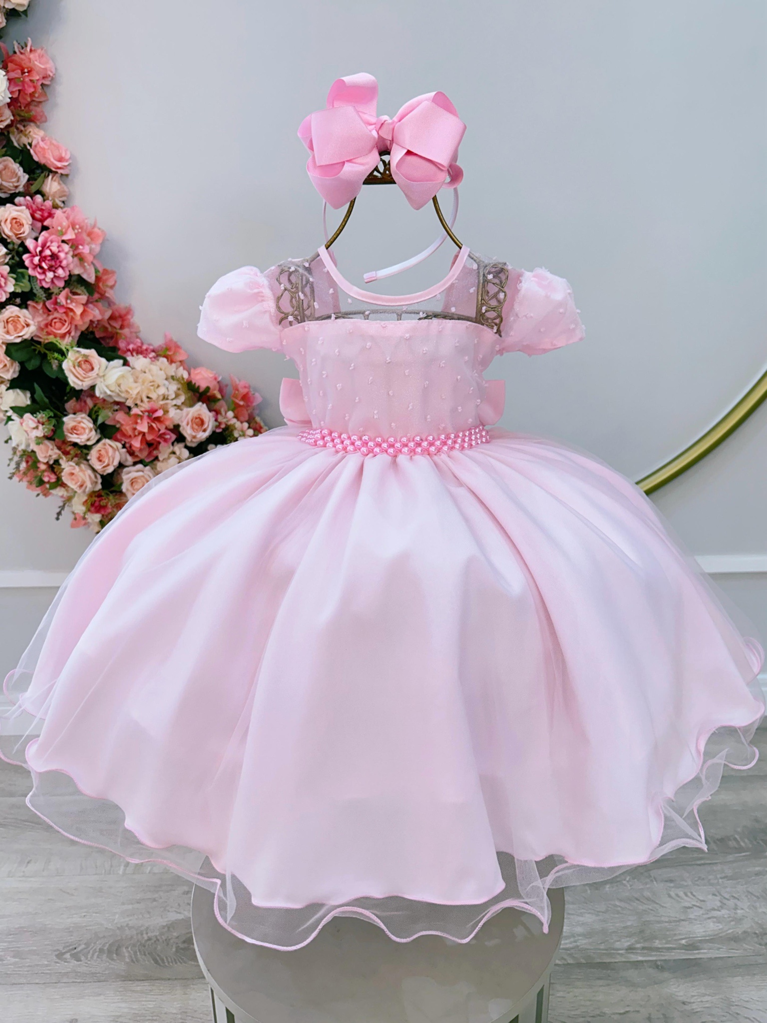 Vestido Infantil Rosa Claro Tule Pipoquinha Daminhas Festas