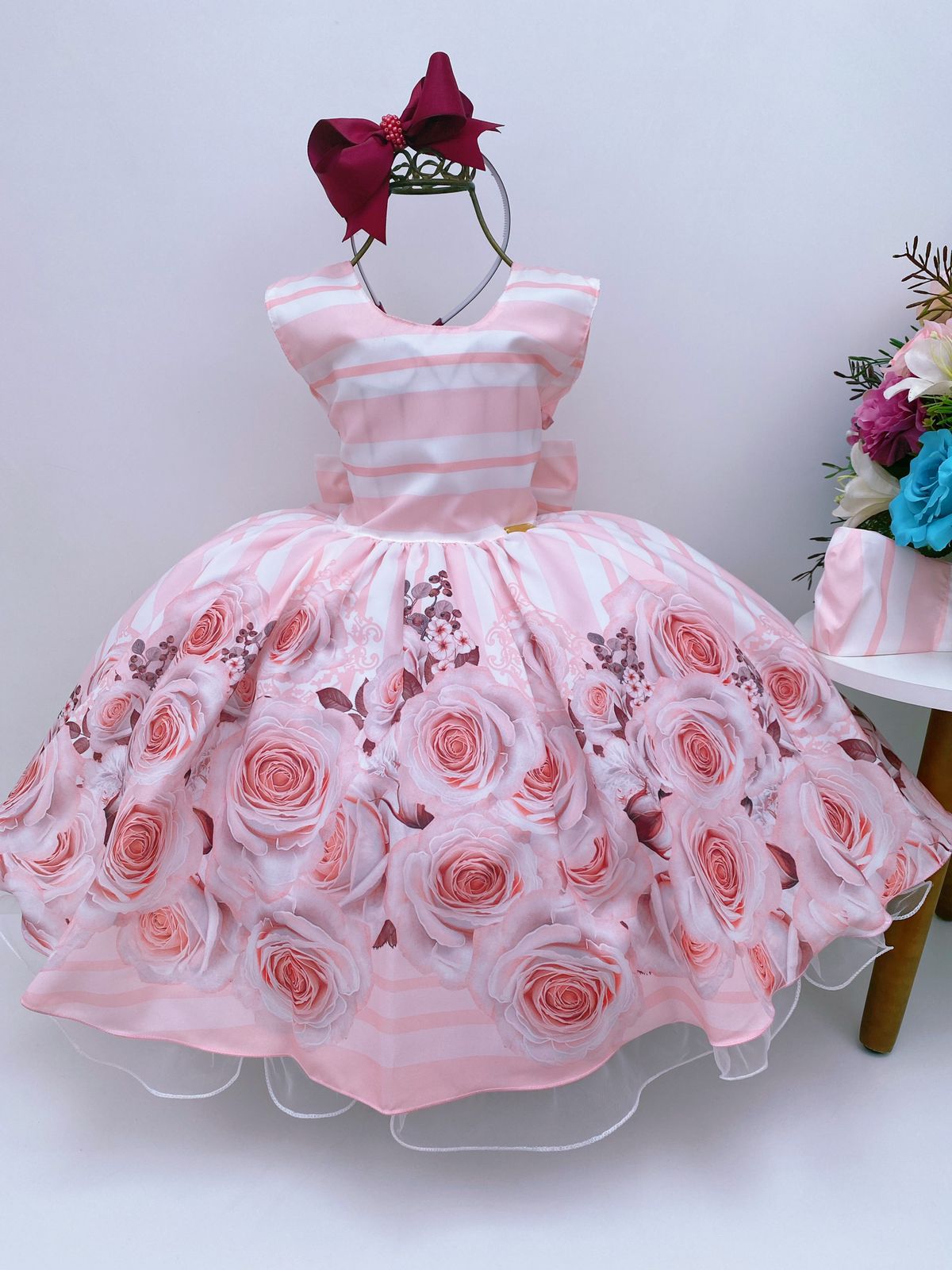 Vestido Infantil Rosa Floral Listras Horizontal Luxo Princesas