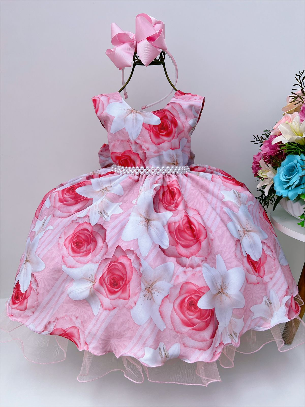 Vestido Infantil Rosa Florido Cinto de Pérolas Festas