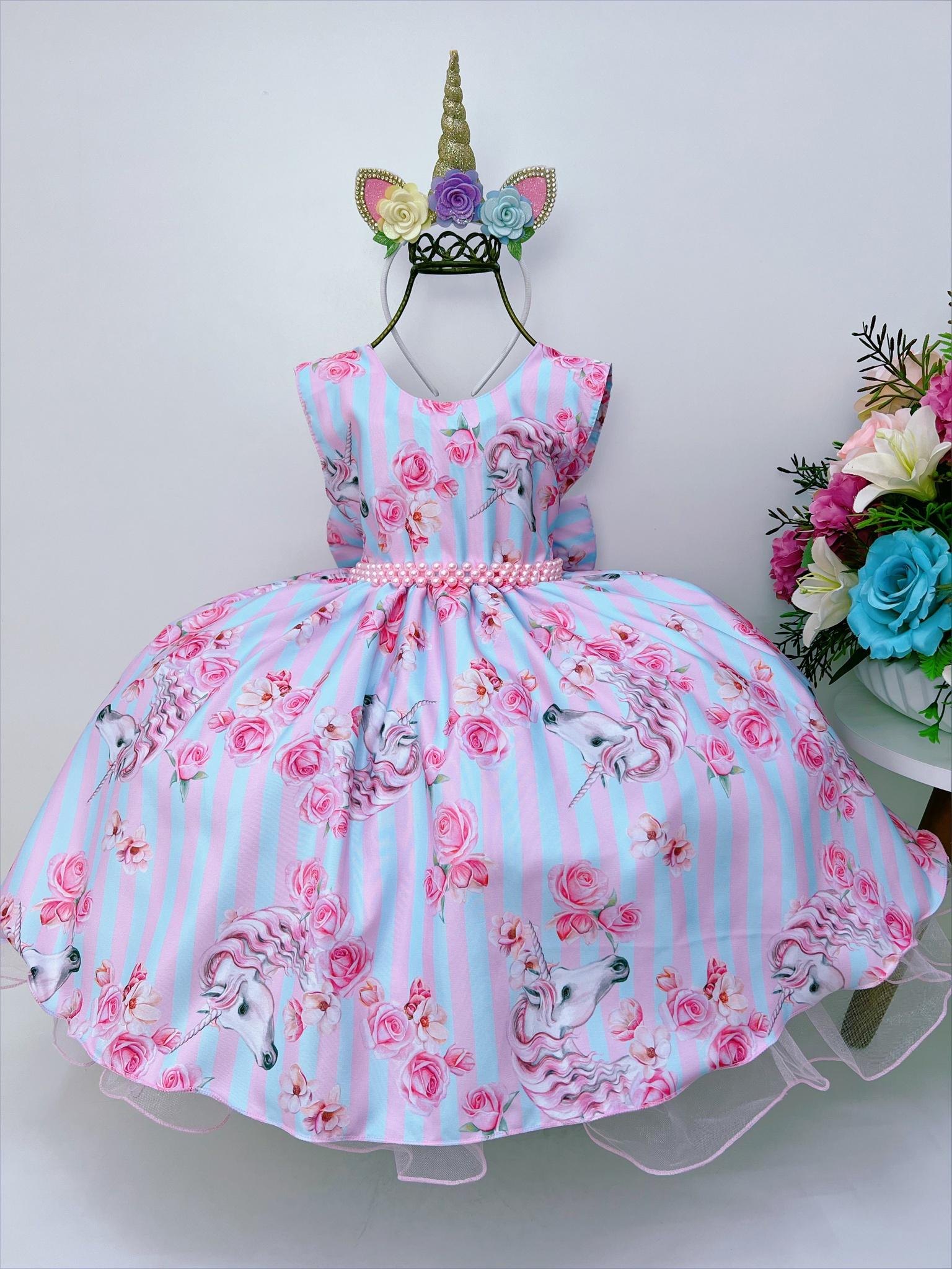 Vestido Infantil Rosa Florido Colorido Unicórnio
