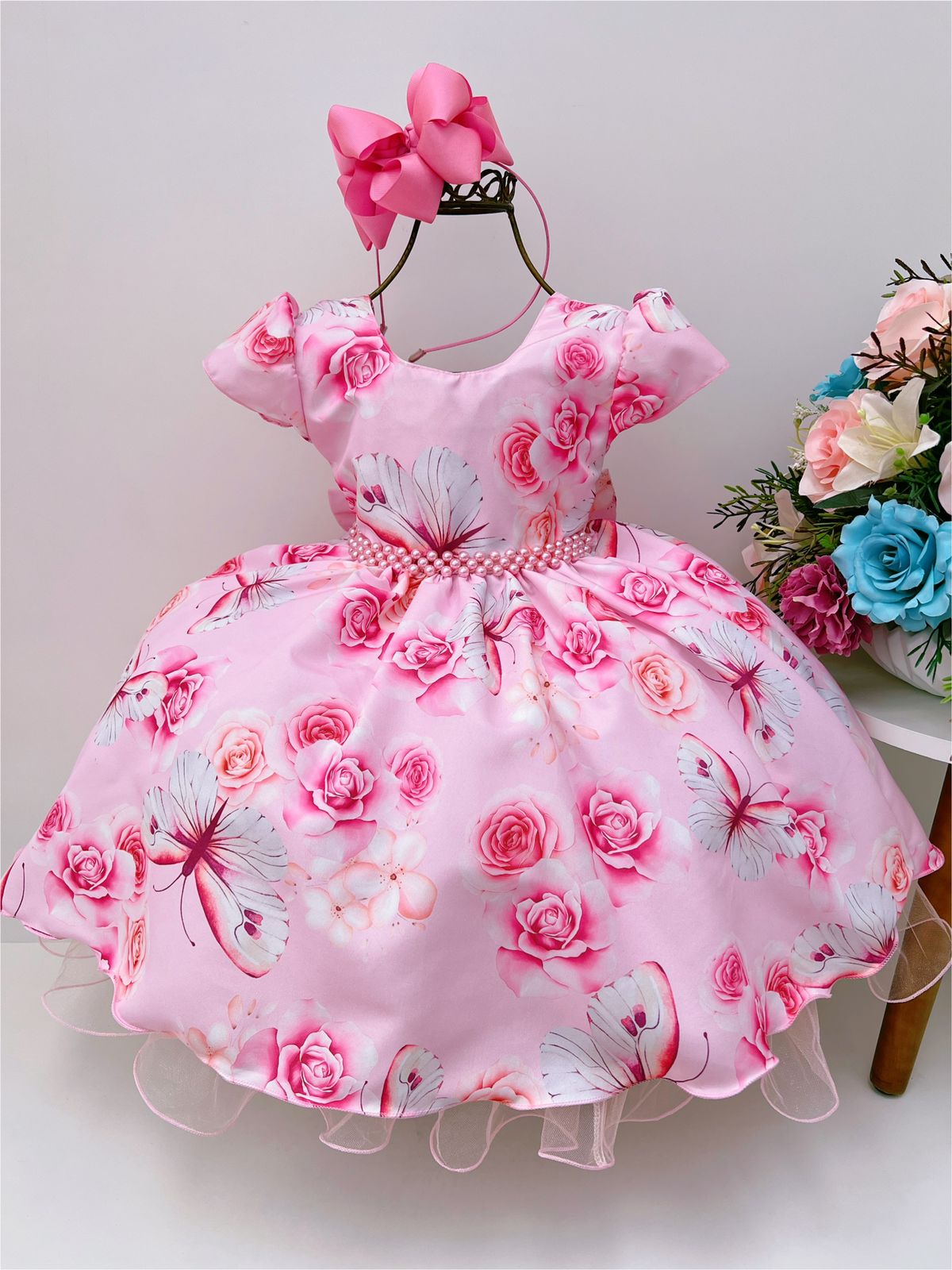 Vestido Infantil Rosa Jardim das Borboletas C/ Pérolas Luxo