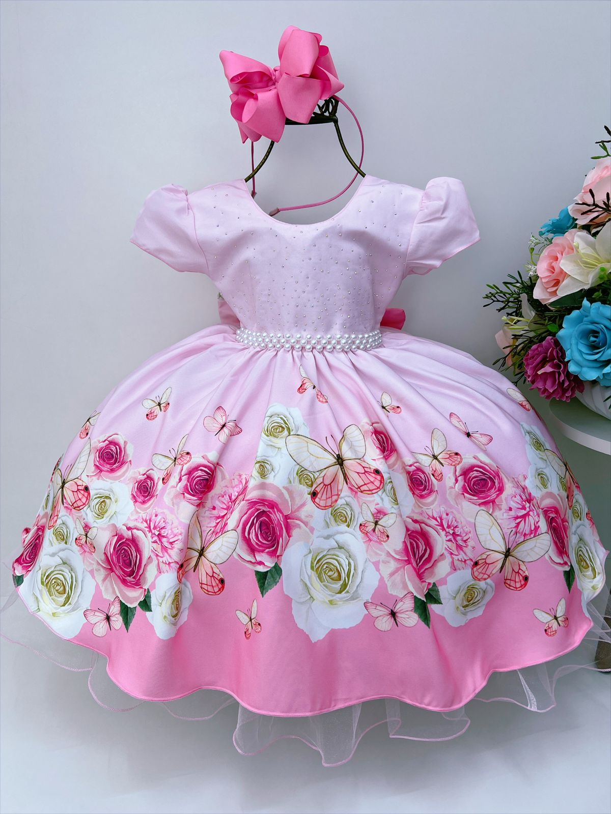 Vestido Infantil Rosa Jardim das Borboletas com Pérolas