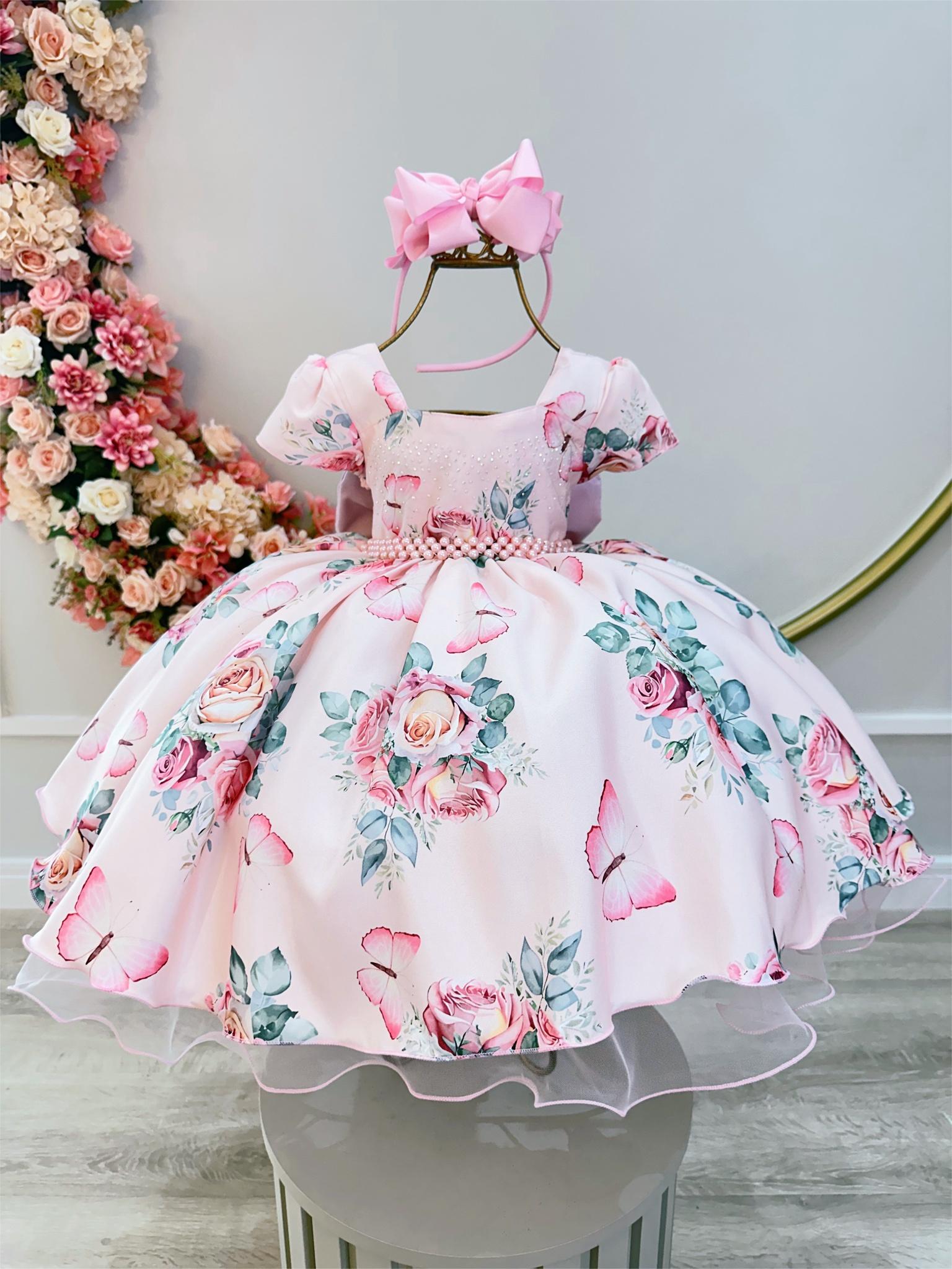 Vestido Infantil Rosa Jardim das Borboletas Damas Luxo Pérolas