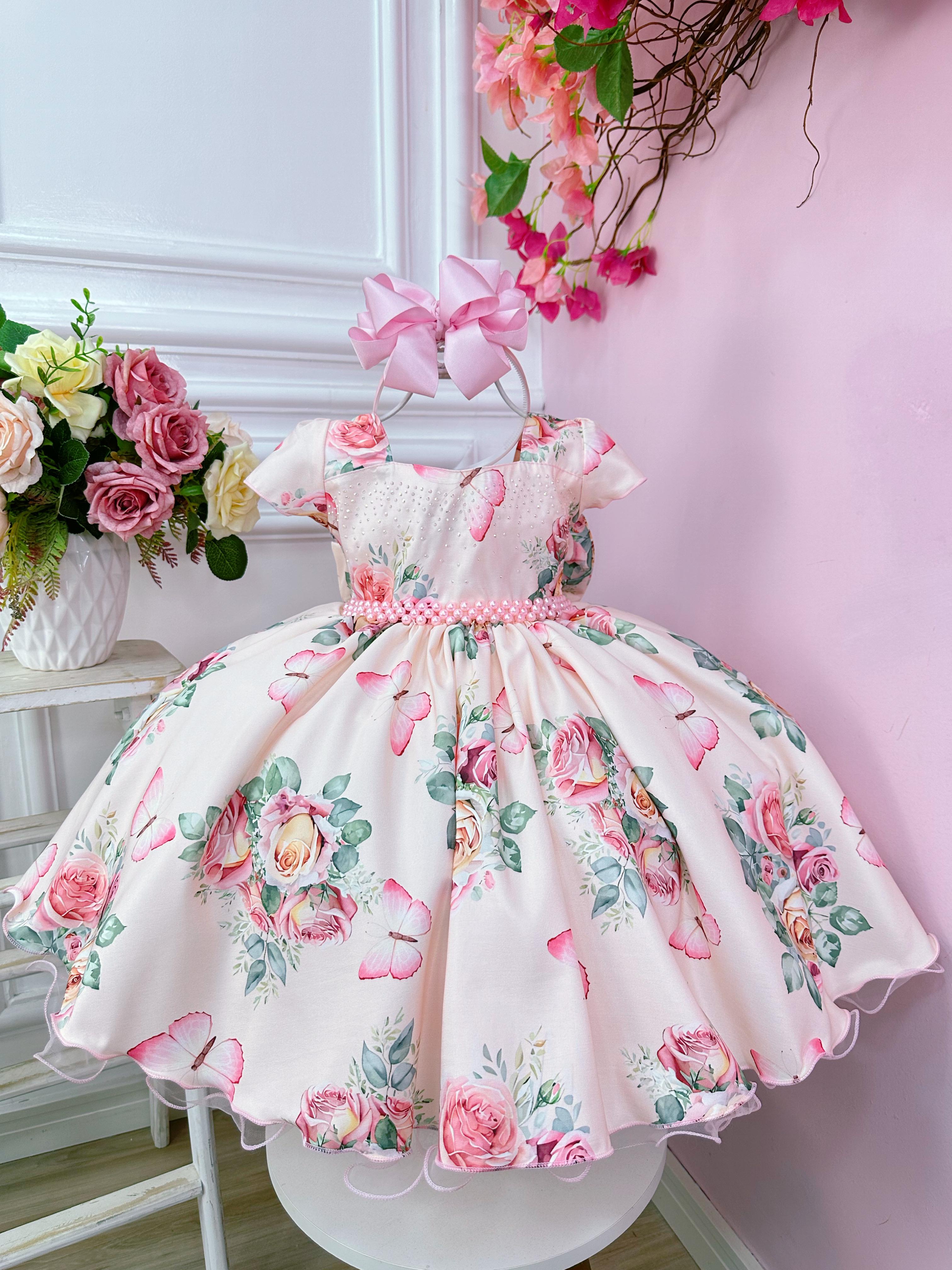 Vestido Infantil Rosa Jardim das Borboletas Strass Damas Luxo