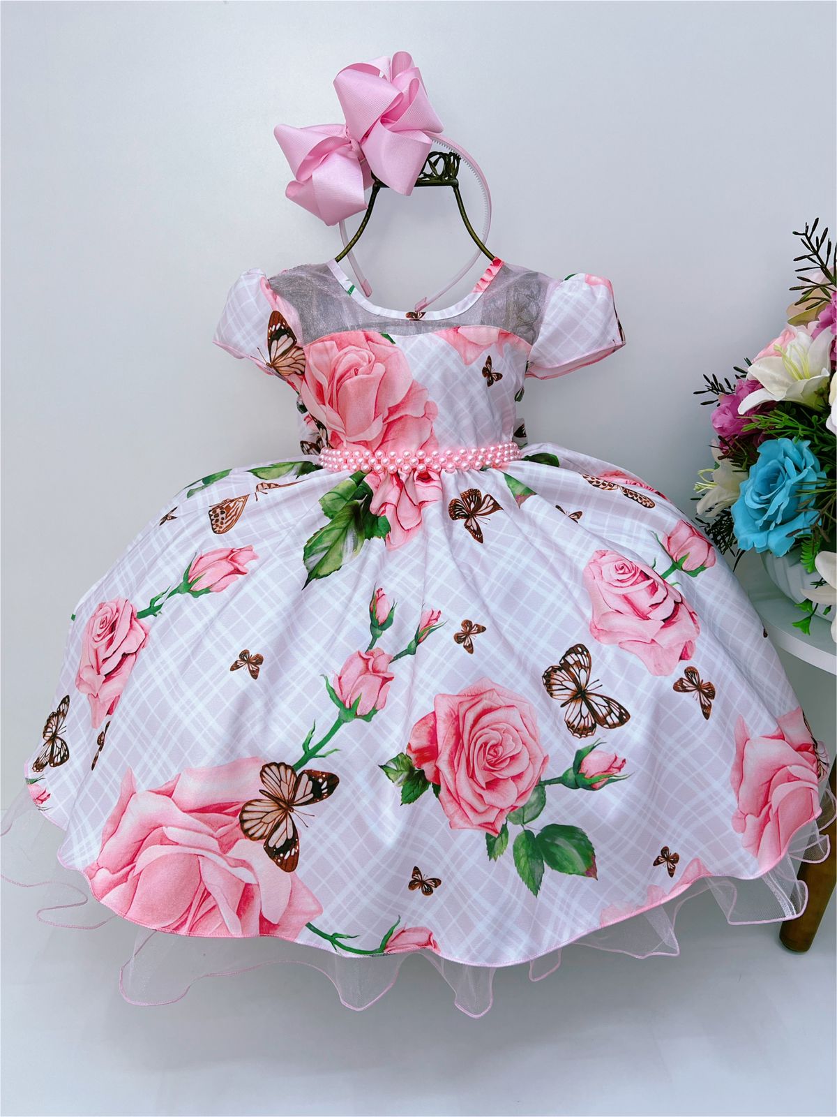 Vestido Infantil Rosa Luxo Floral Cinto P rolas Festa Rosa Charmosa 